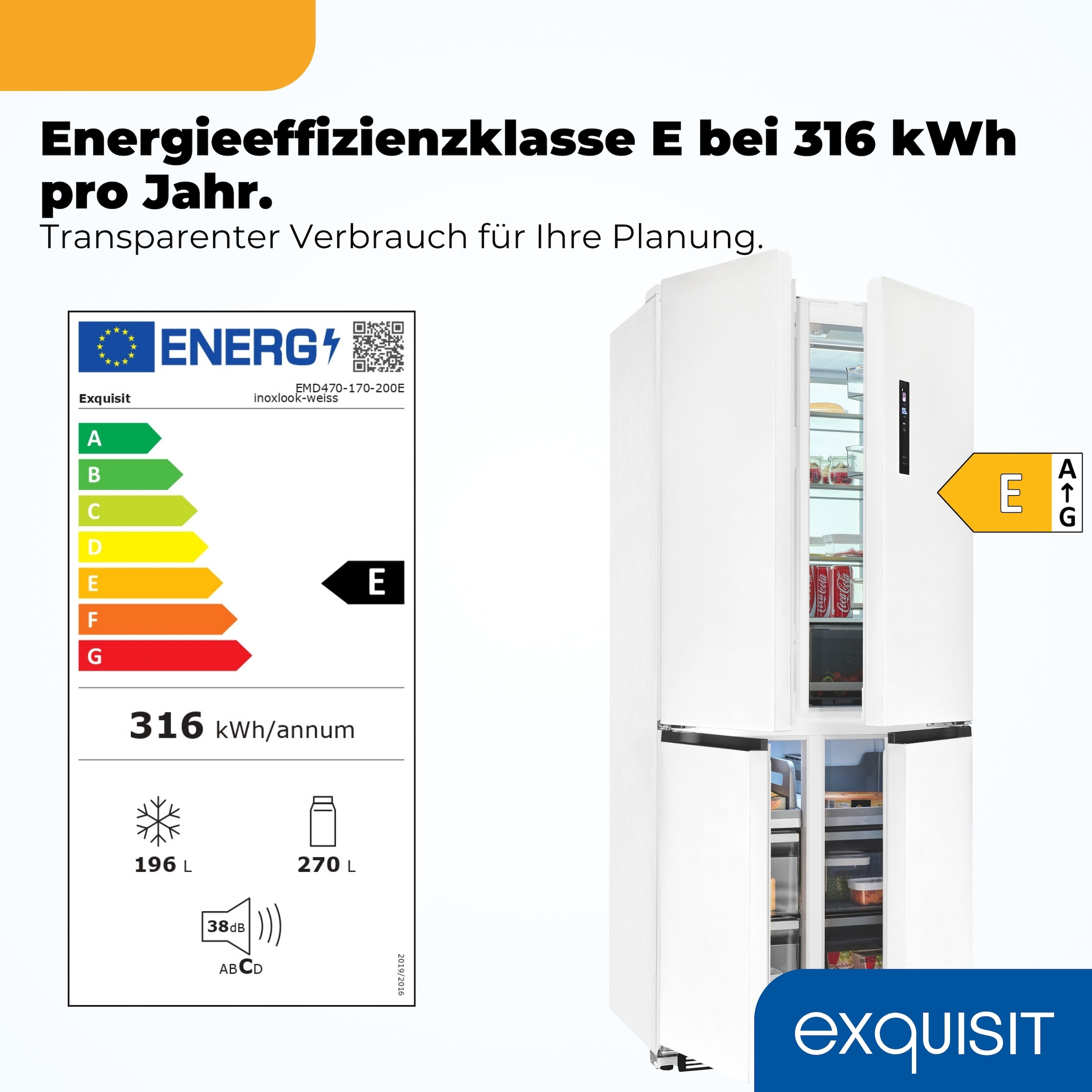 exquisit Multi Door »EMD470-170-200E inoxlook-weiss« 193 cm hoch 84 cm breit Nie mehr abtauen – No-Frost & Umluft für perfekte Kühlung