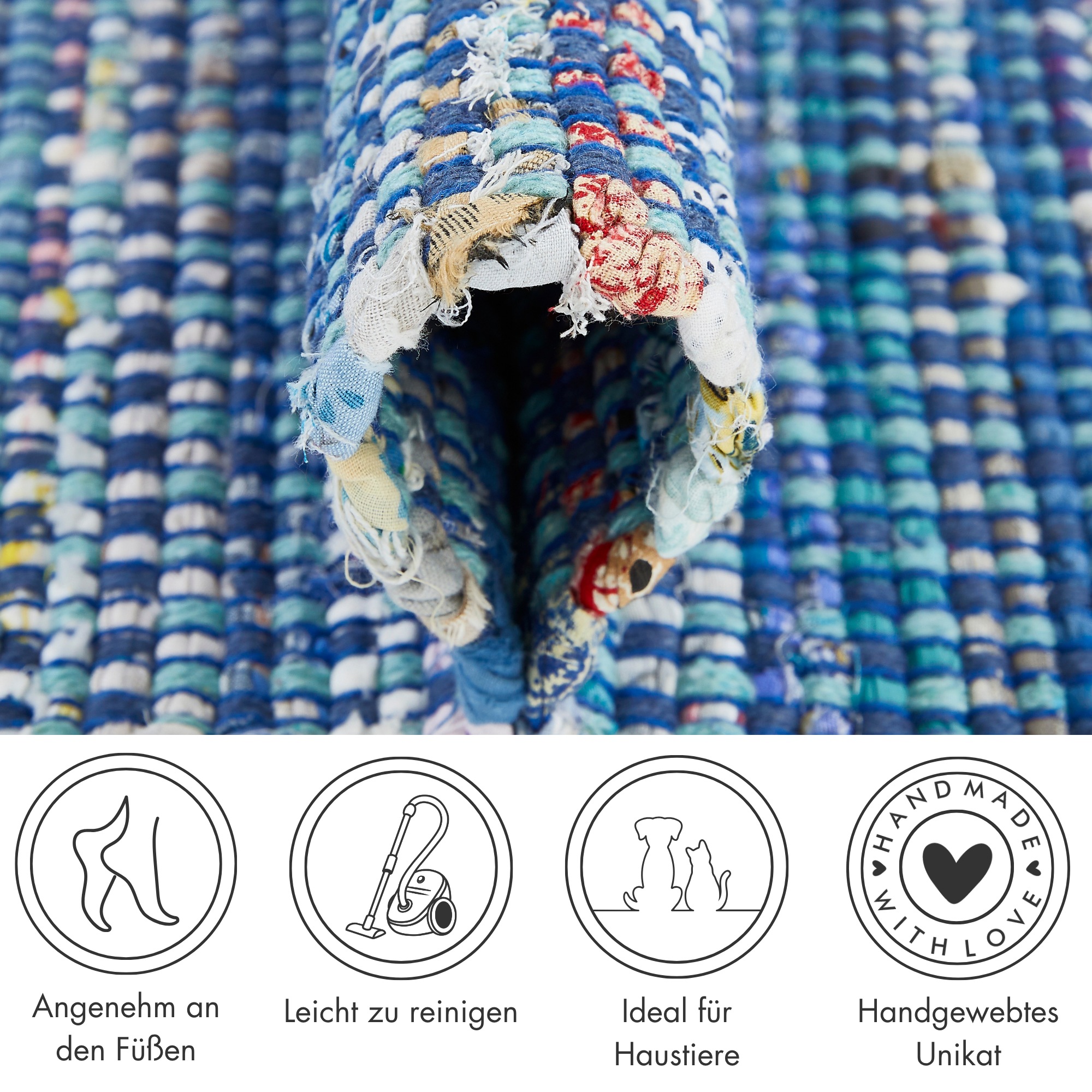 Thumbnail - Andiamo Teppich "Frida" rechteckig 8 mm Höhe Handweb Teppich, Fleckerl, reine Baumwolle, handgewebt, mit Fransen