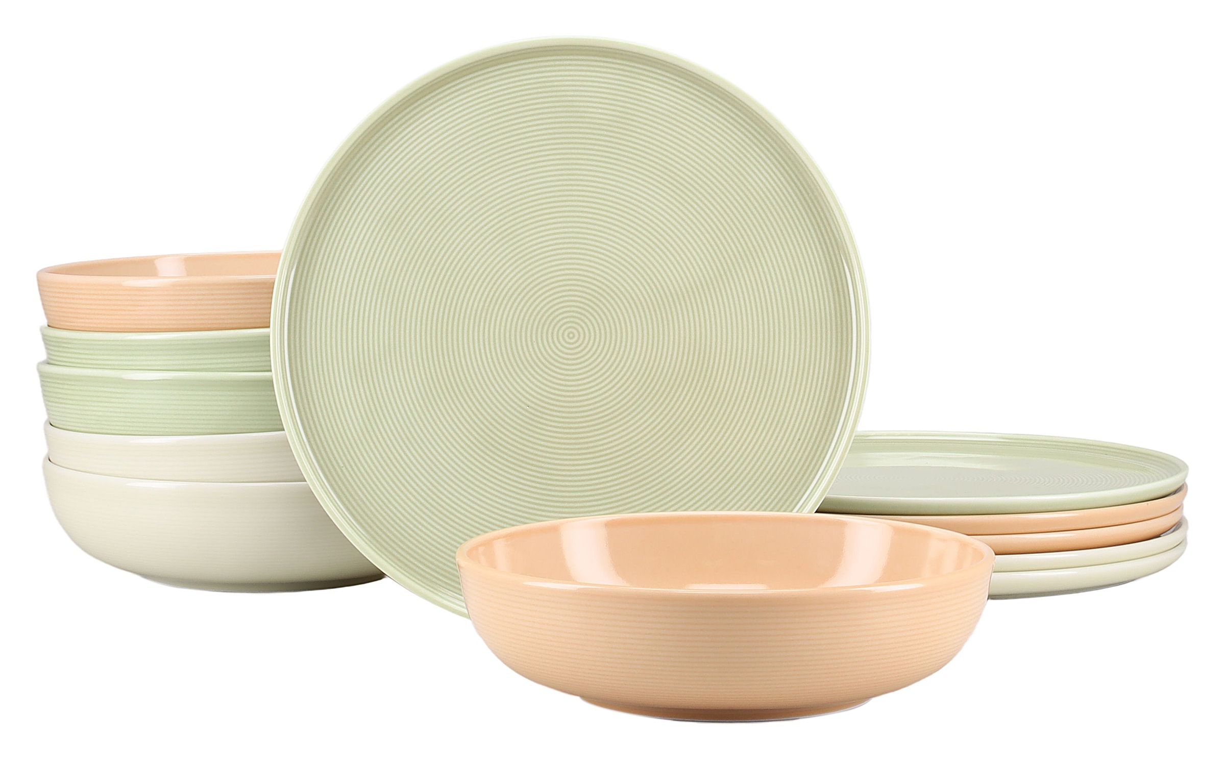 CreaTable Tafelservice "Session, Service, Teller-Set, 12-tlg." Teller ohne Fahne mit großem Spiegel, Elegantes Rillenrelief