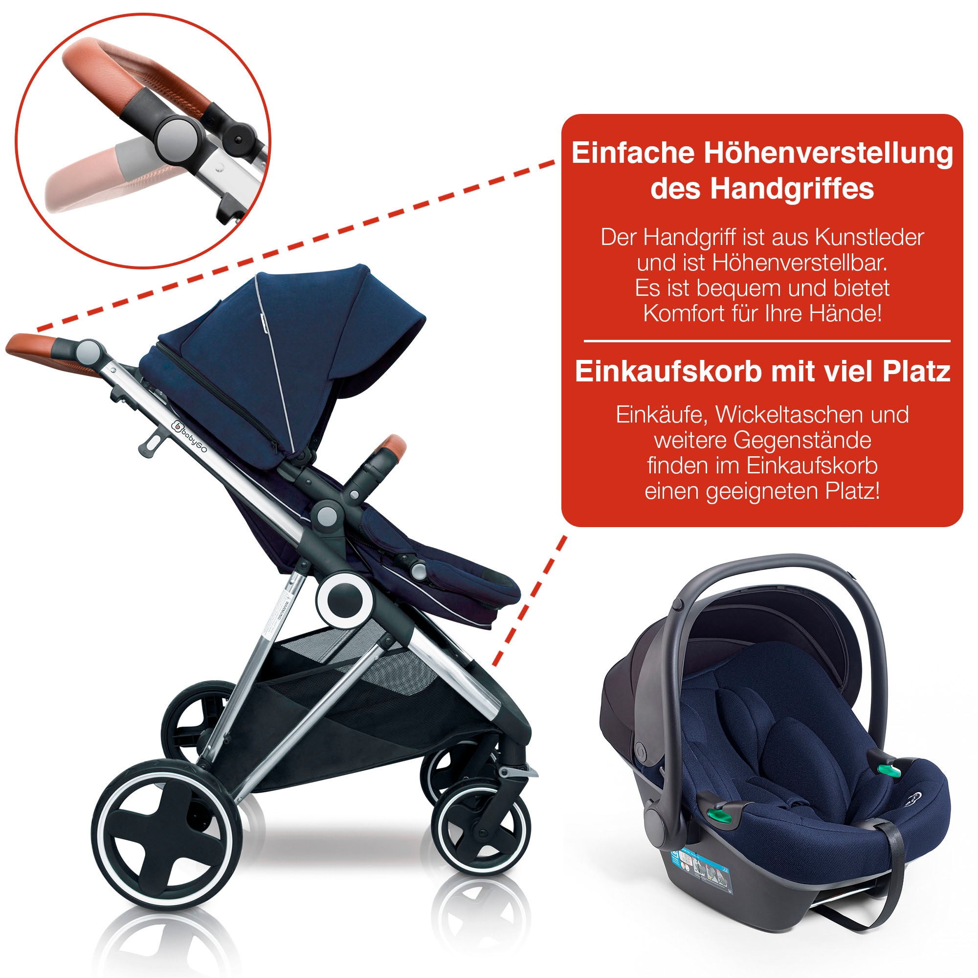 BabyGo Kombi-Kinderwagen »Halime 3in1«, inklusive Babywanne, Babyschale, Regenhaube & Wickeltasche