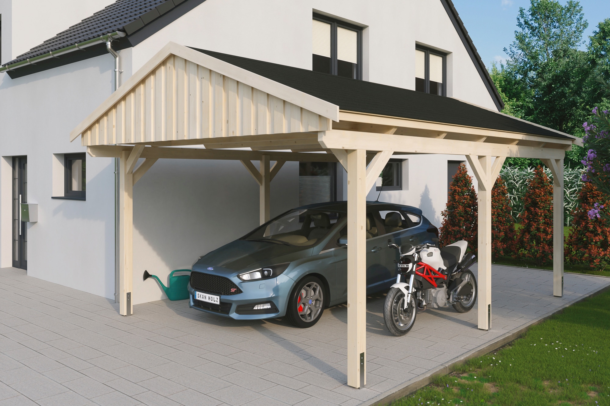 Skanholz Einzelcarport "Fichtelberg" Leimholz natur mit schwarzen Schindeln