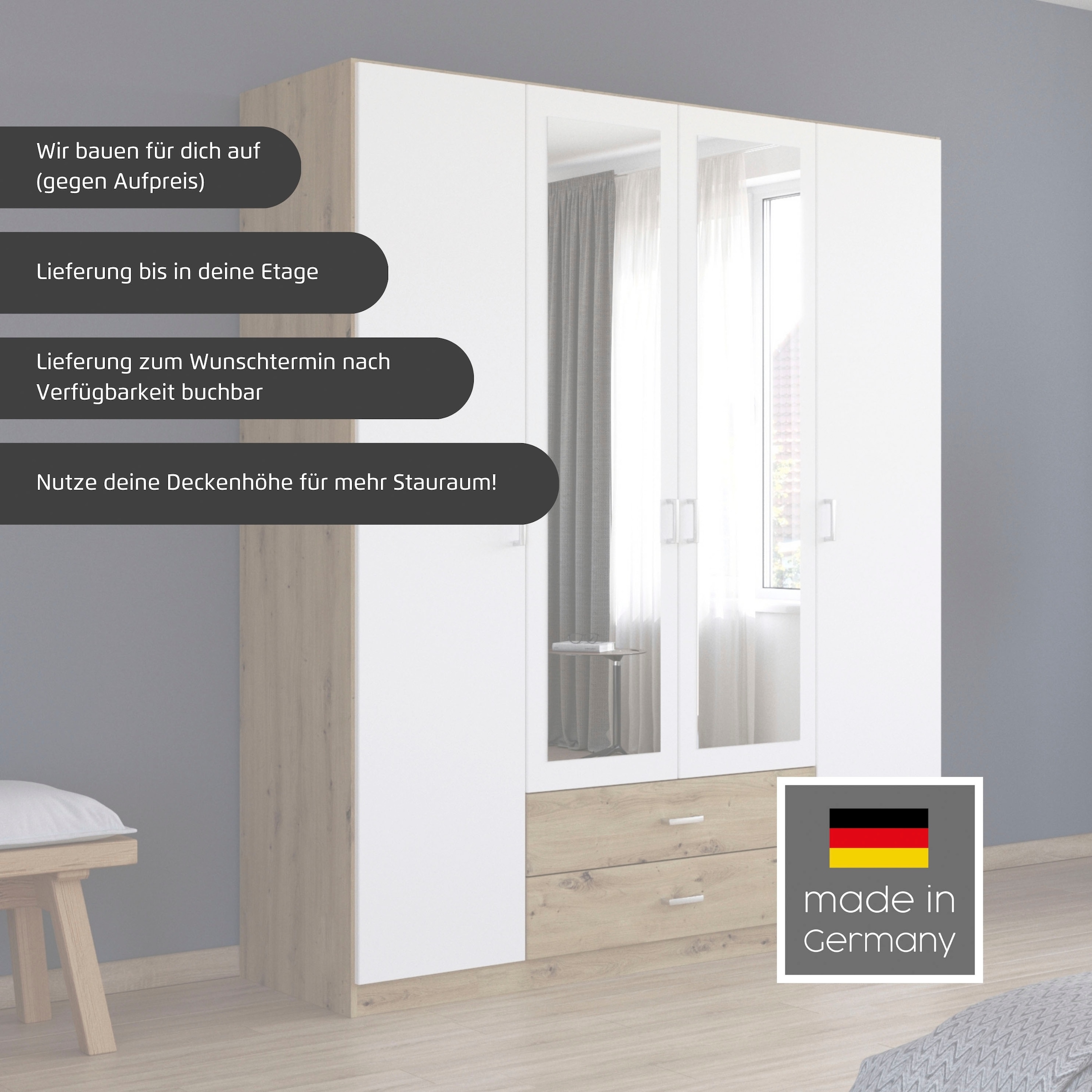 rauch Kleiderschrank »Schrank Garderobe Ankleide GAMMA Breiten 91/136/181/226/271/315/360 cm« in 3 Ausstattungen BASIC/CLASSIC/PREMIUM (inkl. SOFT-CLOSE-Funktion),  verschiedene Griff-Varianten, mit Spiegel TOPSELLER MADE IN GERMANY