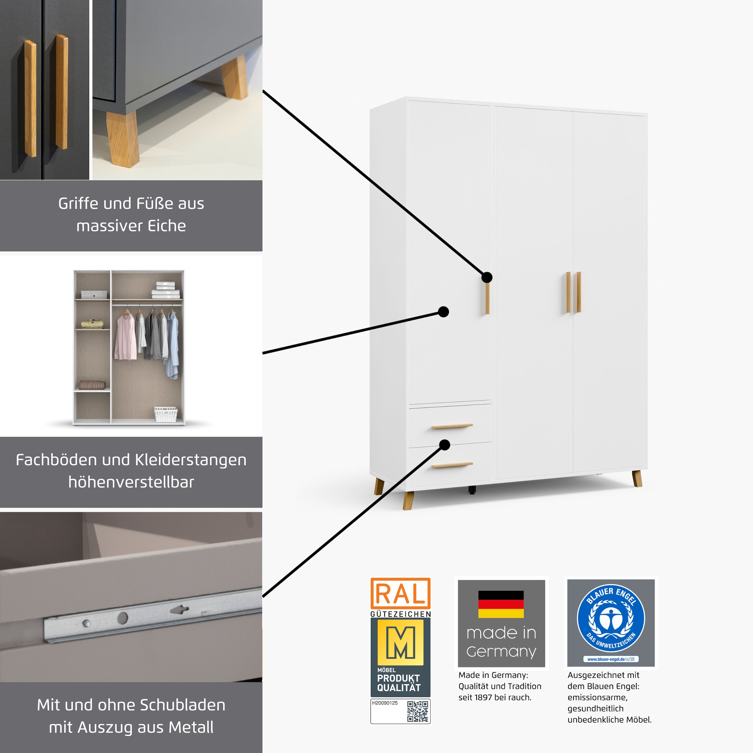 rauch Drehtürenschrank »Kleiderschrank Schrank Garderobe SHINJO Breiten 93/140/187 cm« in 3 verschiedenen Ausstattungen BASIC/CLASSIC/PREMIUM,  Griffe und Füße aus Massivholz mit 2 Schubladen MADE IN GERMANY