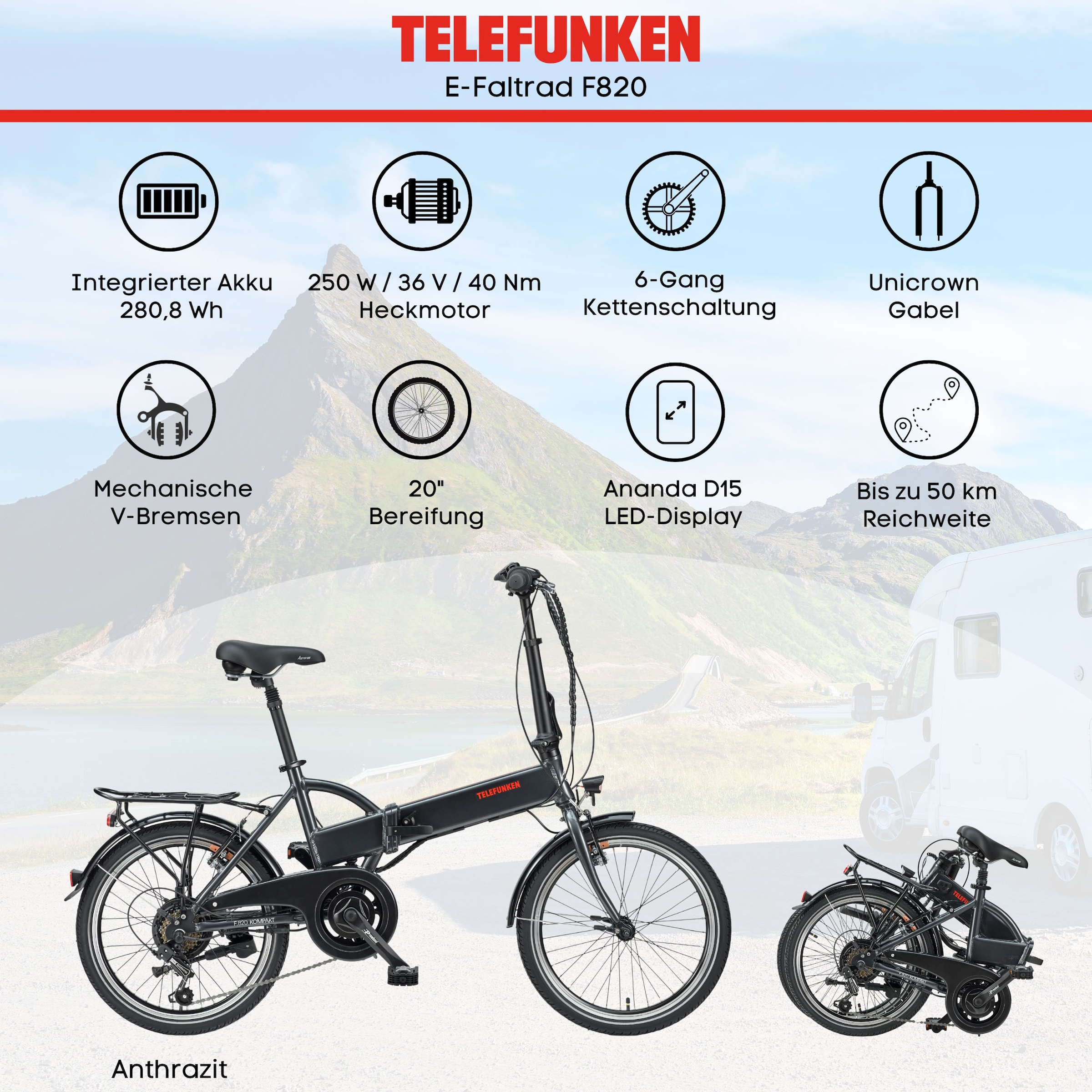 Telefunken E-Bike »Kompakt F820«, 6 Gang, Shimano, Tourney, Heckmotor 250 W, Pedelec, Elektrofahrrad für Damen u. Herren