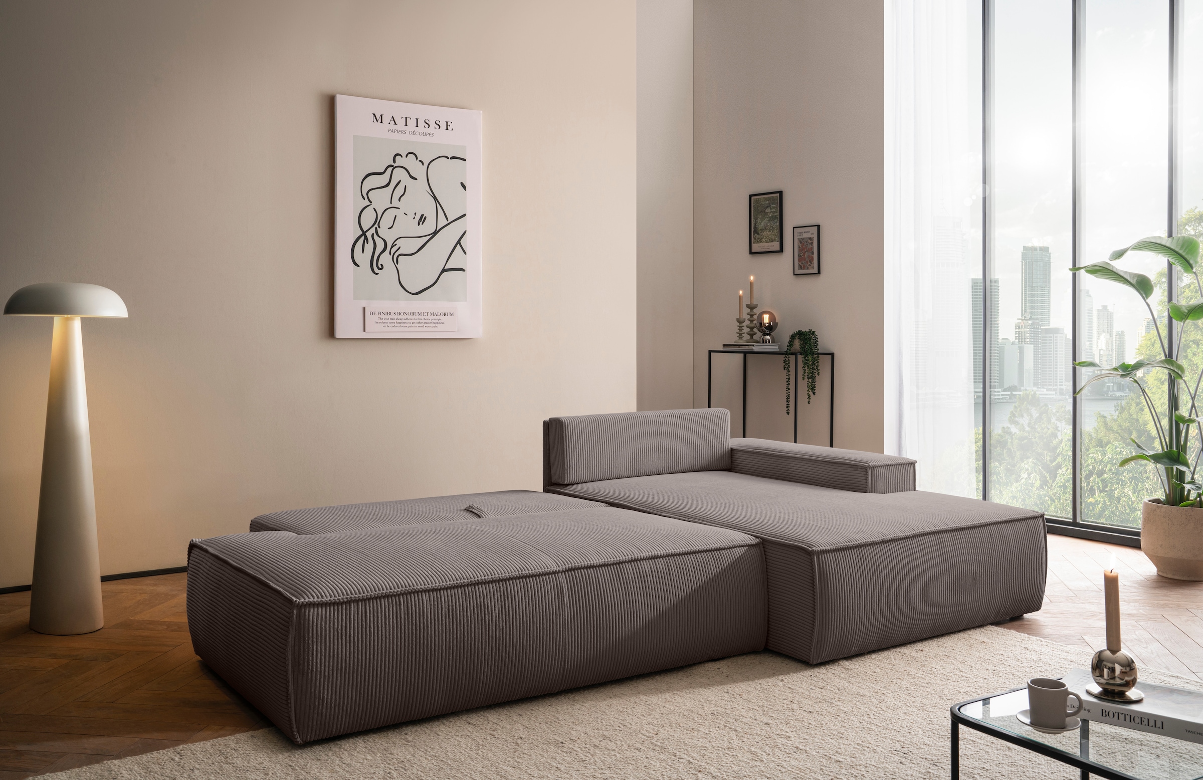 Home affaire Ecksofa »SHERWOOD, Schlafsofa in L-Form offen (275cm), Cord, Leinenoptik«, Schlaffunktion und Bettkasten, Kedernaht, hoher Sitz- & Liegekomfort
