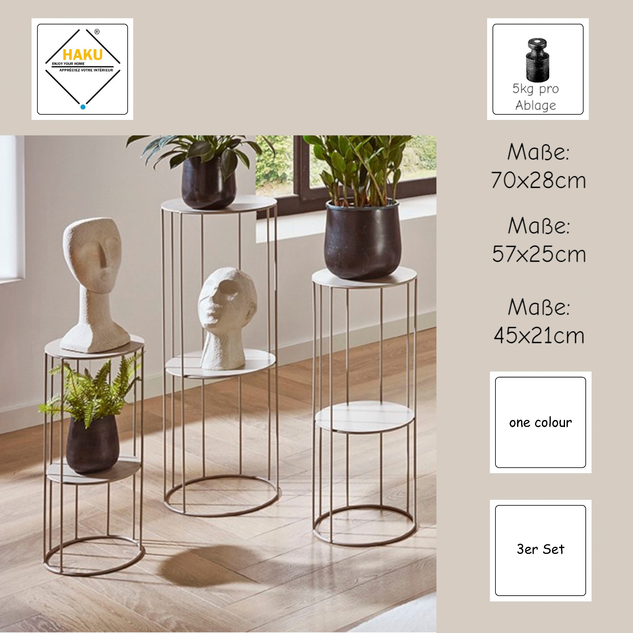 HAKU Blumentisch »Blumenpodest, Blumenständer, Pflanzsäule« Set, 3er Set, 3 Stk. tlg. rund - aus Metall Grau - Ø/H 21/45 und 25/57 cm