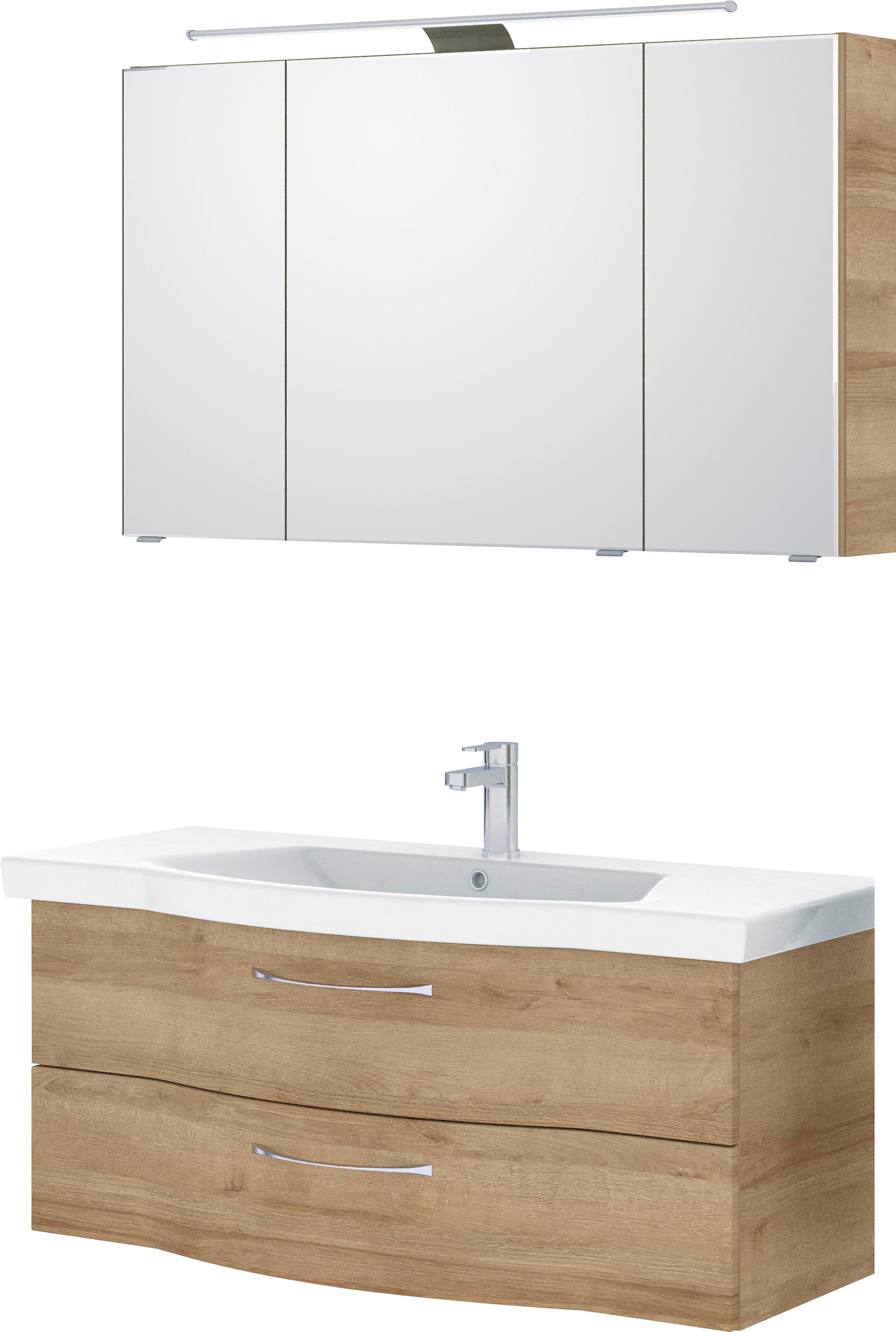 Saphir Badmöbel-Set »6005 Sprint Keramik-Waschtisch mit LED-Spiegelschrank, 122 cm breit«, (2 St.), Waschplatz inkl. Türdämpfer, 3 Türen, 2 Schubladen, Waschtisch Set