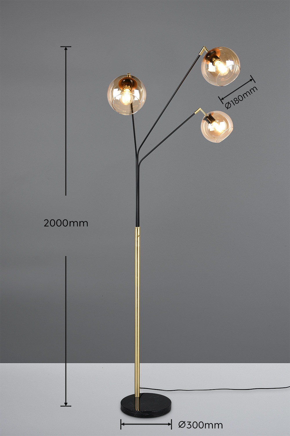 TRIO Leuchten Stehlampe »PAXTON, dreiflammige Stehleuchte, Glas Lampenschirme, Arme verstellbar«, 3 flammig, Leuchtmittel E27 | Leuchtmittel wechselbar, exkl. 3x E27 max 10W, Höhe 200cm Breite 67cm, Kippschalter, 2m Kabel