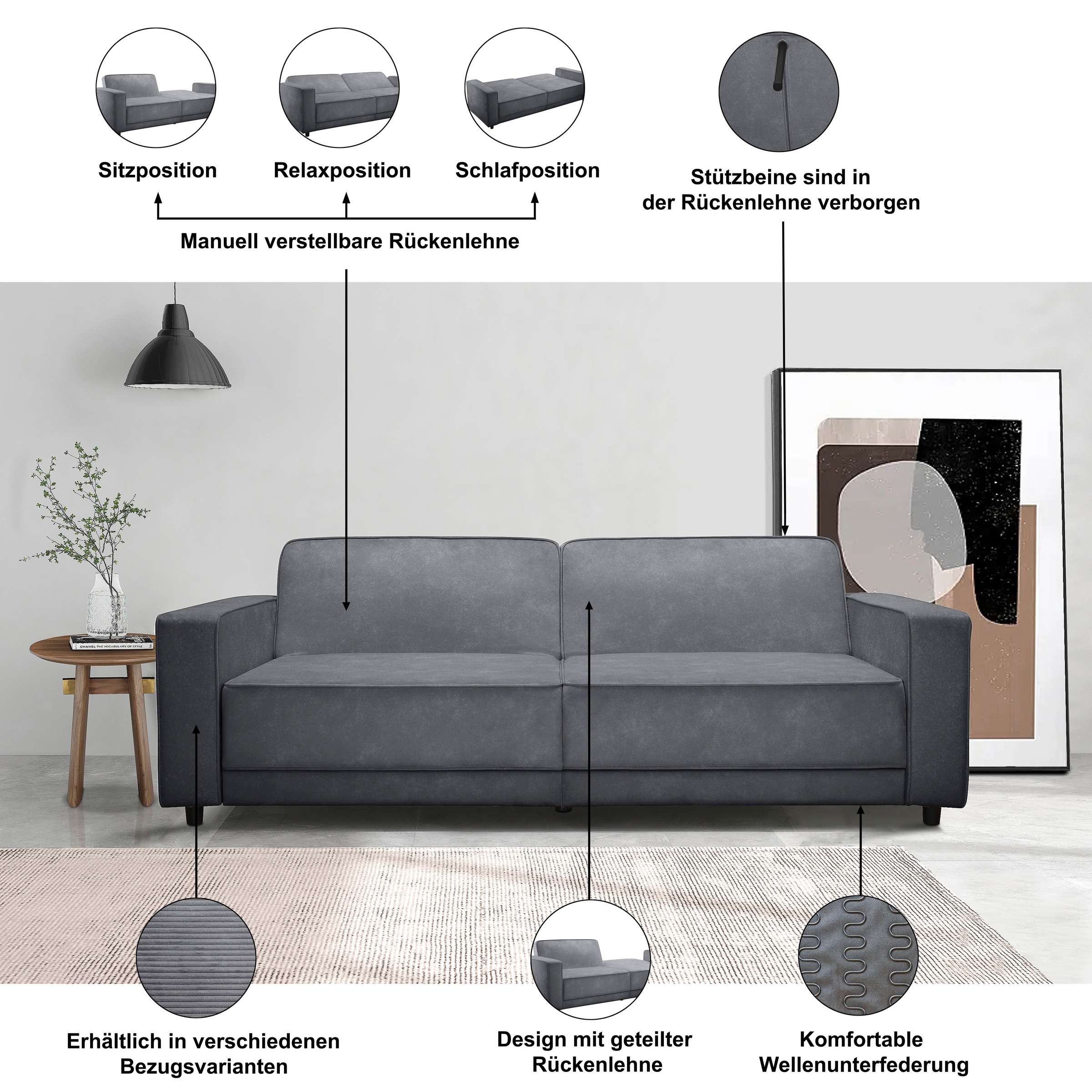 Thumbnail - Dorel Home 3-Sitzer "ALLIE Schlafsofa 225 cm" Bett-Funktion (108/190cm), trendiger Cord o. pflegeleichter Velours