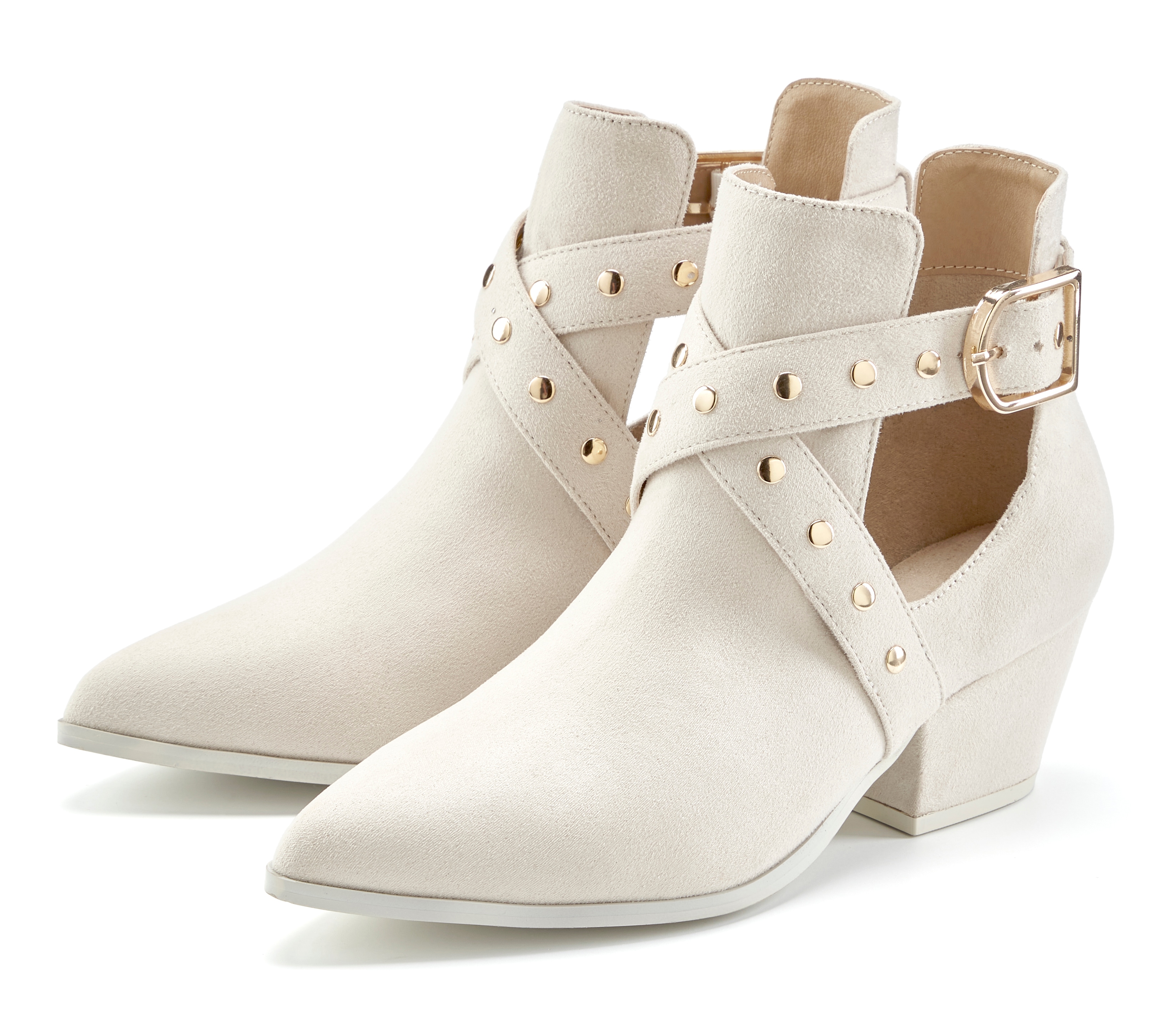 LASCANA Stiefelette "Stiefelette, Boot, Riemchenstiefelette" Velours-Textil mit Nieten-Riemen, Cut-Outs und Blockabsatz