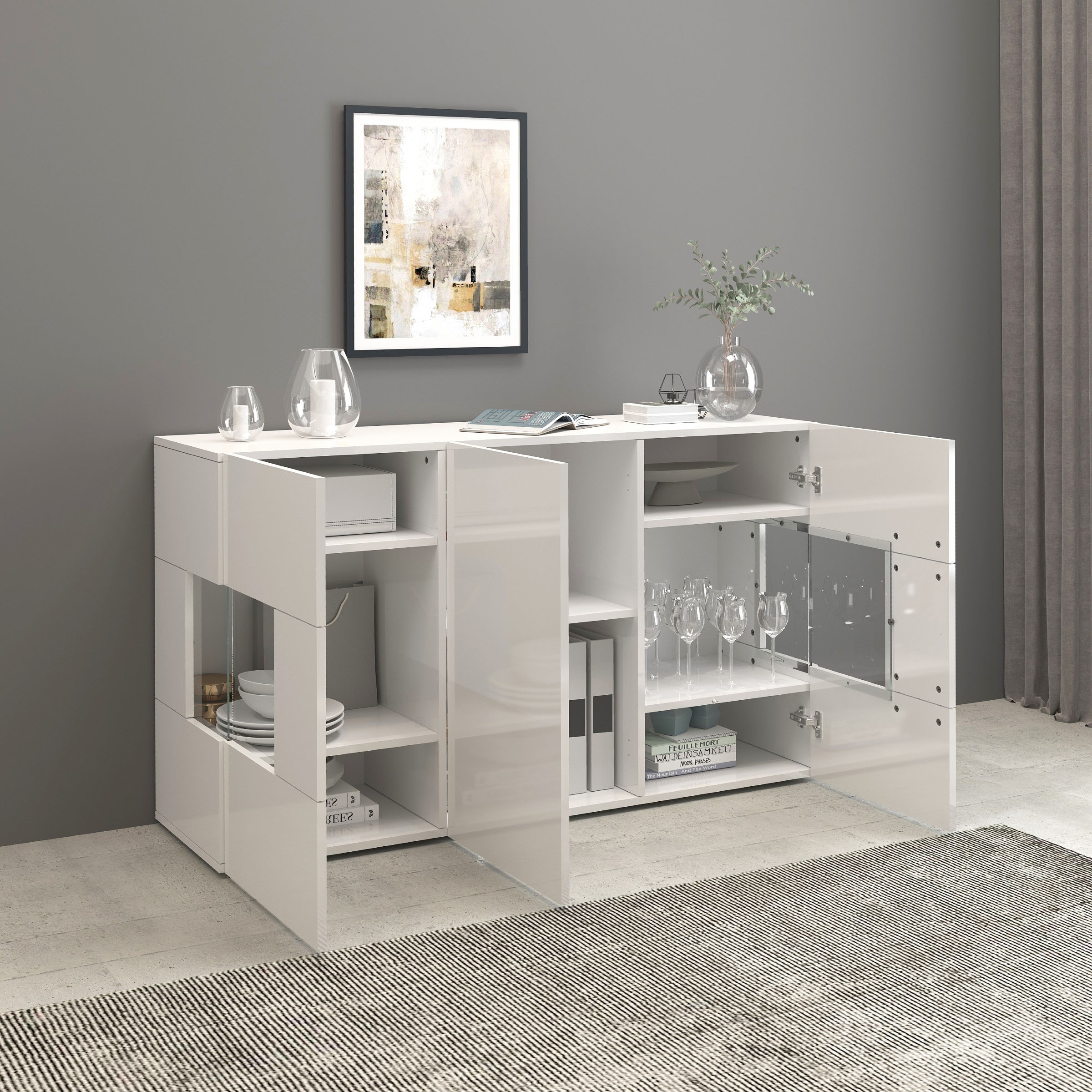 INOSIGN Sideboard »Egypt, Kommode, Schrank, Kredenz, Vitrine grifflos«, 3 Türen davon 2 mit Glaseinsatz, kompl. Hochglanz lackiert Breite 135