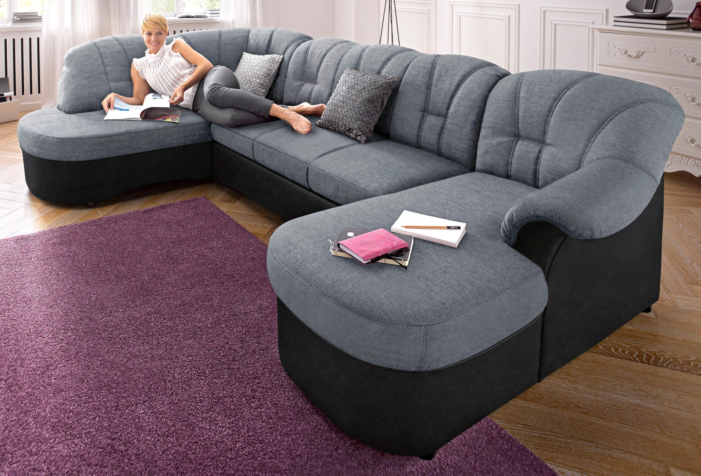 DOMO collection Wohnlandschaft »Flores auch in Leder-Bezug, B/T/H: 293/180/86 cm, U-Form«, (3 St.), wahlweise mit Bettfunktion, wahlweise mit Federkern