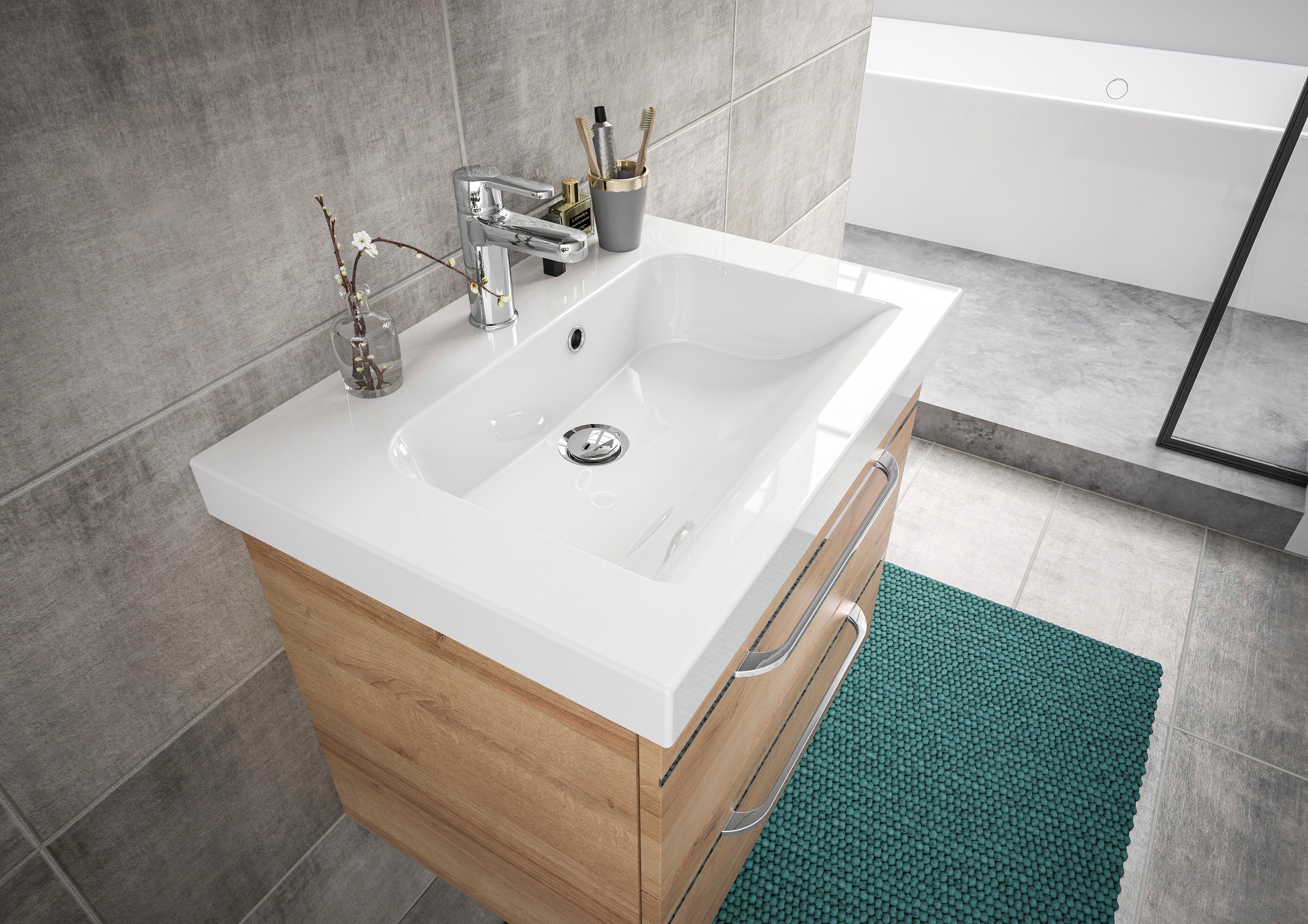 Saphir Badmöbel-Set »Balto Sprint 3-teilig, Mineralmarmor-Waschtisch mit LED-Spiegelschrank«, (4 St.), Badezimmer Set mit Unterschrank inkl Türdämpfer, 3 Türen, 3 Schubladen