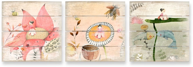 Wall-Art Mehrteilige Bilder »Kinder Märchen Däumelinchen Set«, (Set, 3 St.), Holzschild Collage