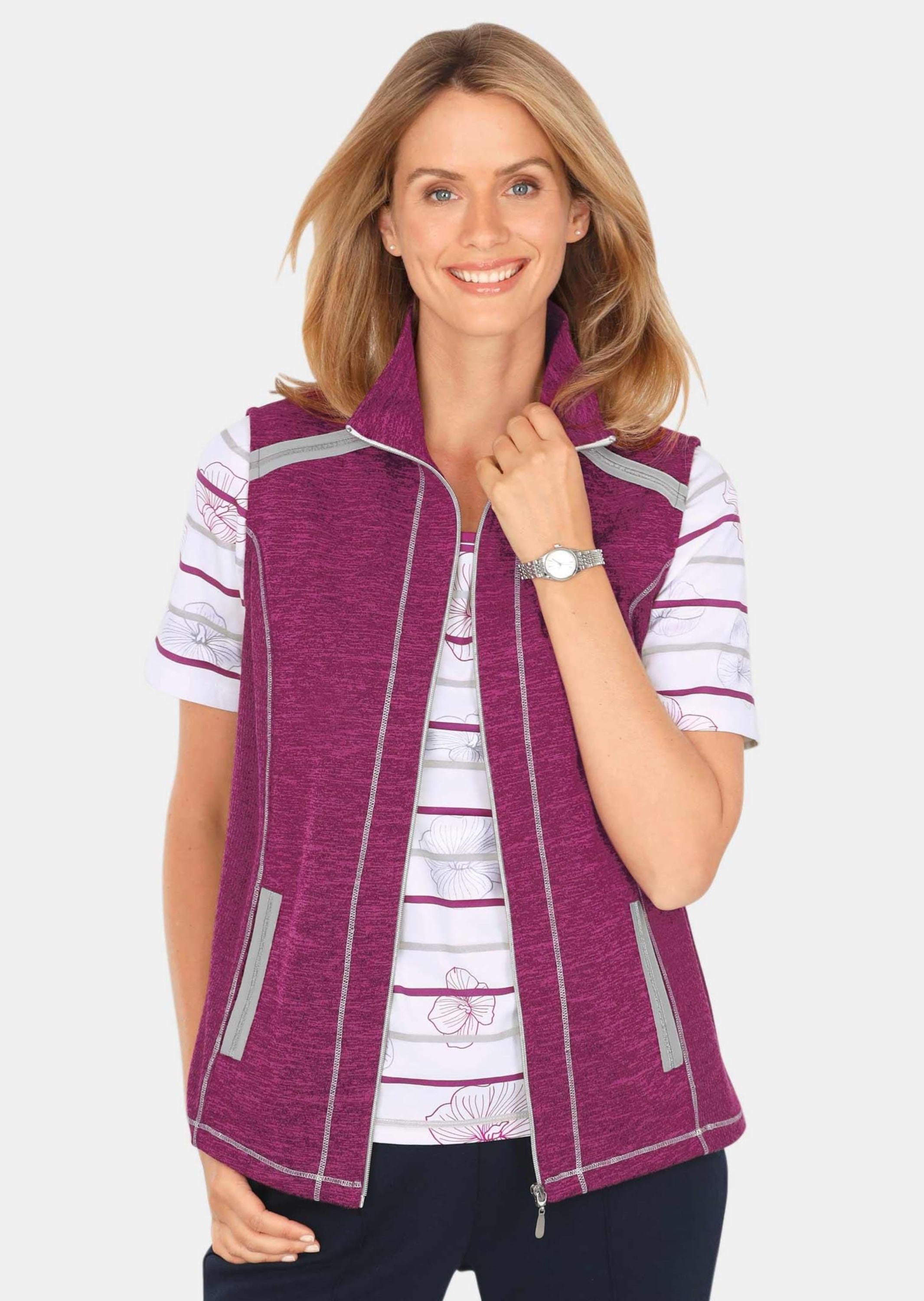 Kurzweste GOLDNER "Freizeitweste aus wärmenden Strickfleece mit Stehkragen", Damen, Gr. 42, lila (cyclam, meliert), Obermaterial: 100% Polyester PES., normal, Westen, seitliche Einsätze aus elastischer Rippenware