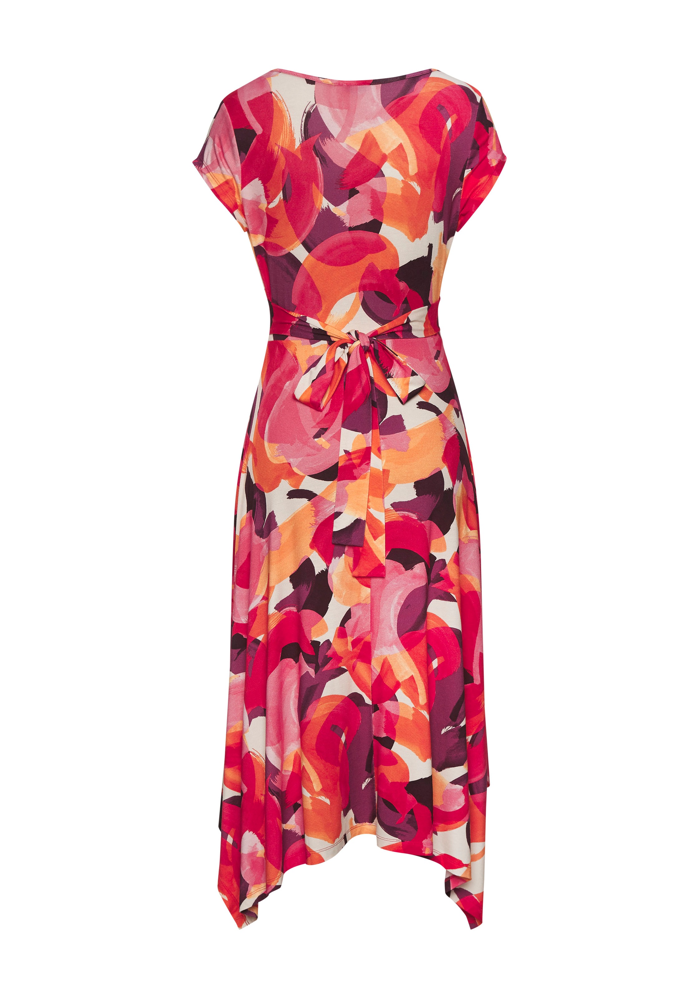 Midikleid VIVANCE, Damen, Gr. 44, N-Gr, bunt (rot, lila, pink bedruckt), Jersey, Obermaterial: 95% Viskose, 5% Elasthan, bedruckt, figurumspielend kniebedeckend, V-Ausschnitt, Kleider Midikleid, mit Alloverdruck, luftiges Sommerkleid in Wickeloptik, Stran 3
