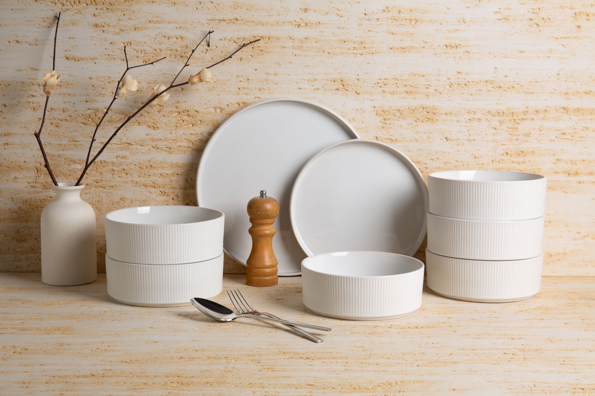 my home Geschirr-Set »Loik, außen matt, innen reaktiv glasiert«, (Set, 18 tlg.), spülmaschinenfest und mikrowellengeeignet
