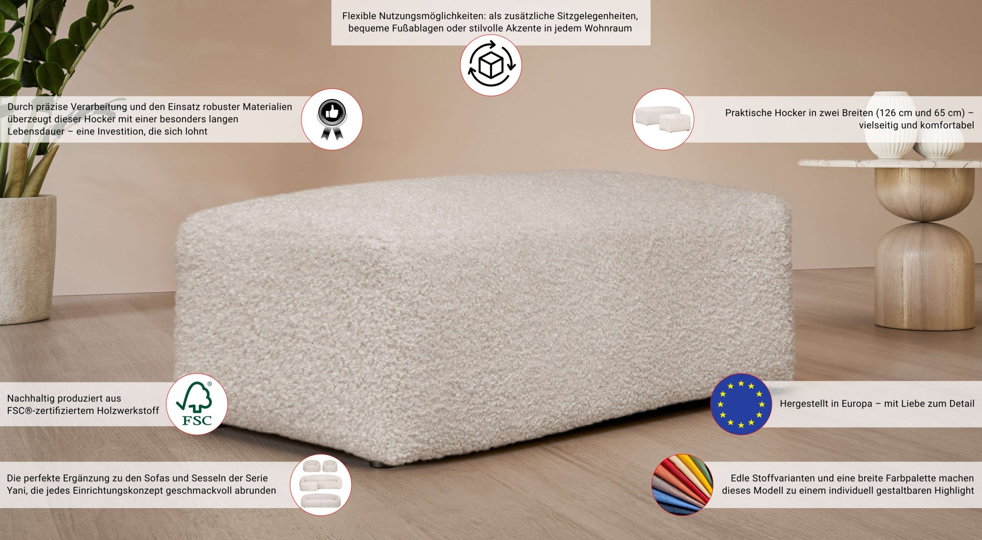 Thumbnail - LeGer Home by Lena Gercke Polsterhocker "YANI Sitzhocker mit Wellenunterfederung, Maße B/T/H: 126/65/46 cm" großer Hocke...