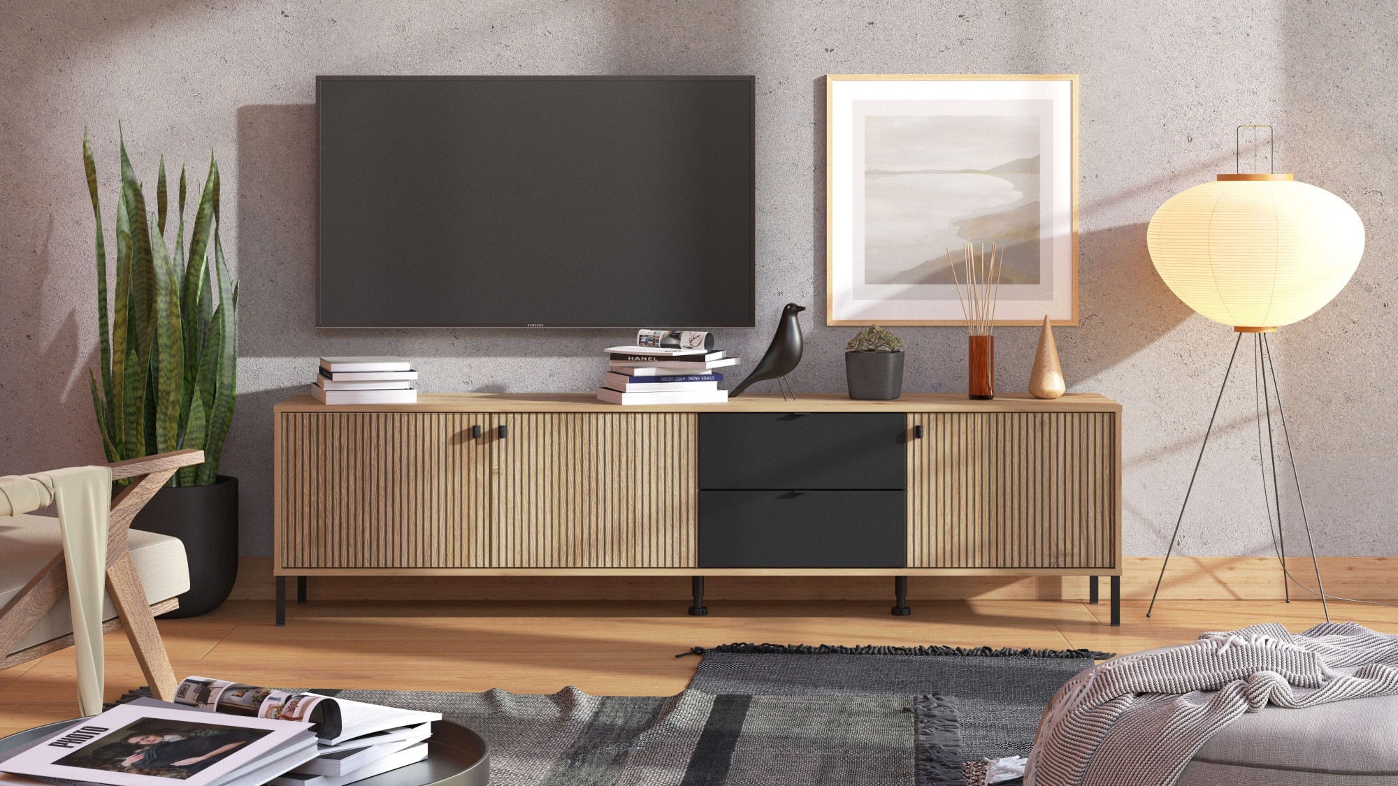 Home affaire Lowboard »Mayenne TV-Lowbord, Breite 208 cm«, Kommode mit 3 Türen mit Rillen-Optik, 2 Schubkästen