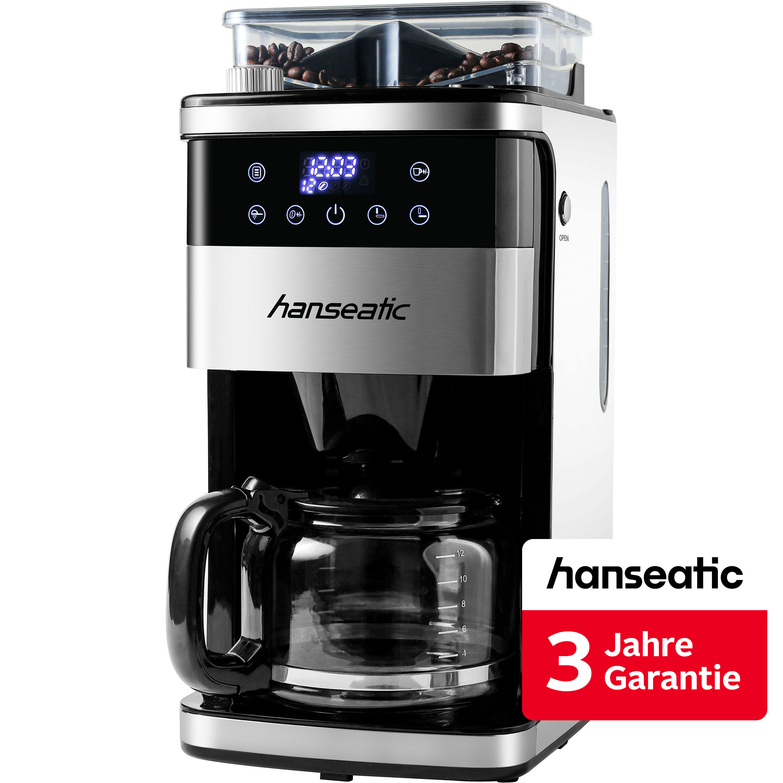 Hanseatic Kaffeemaschine mit Mahlwerk "HCMG105015SD" 1,5 l Kaffeekanne Papierfilter 1x4 inkl. 3 Jahre Herstellergarantie