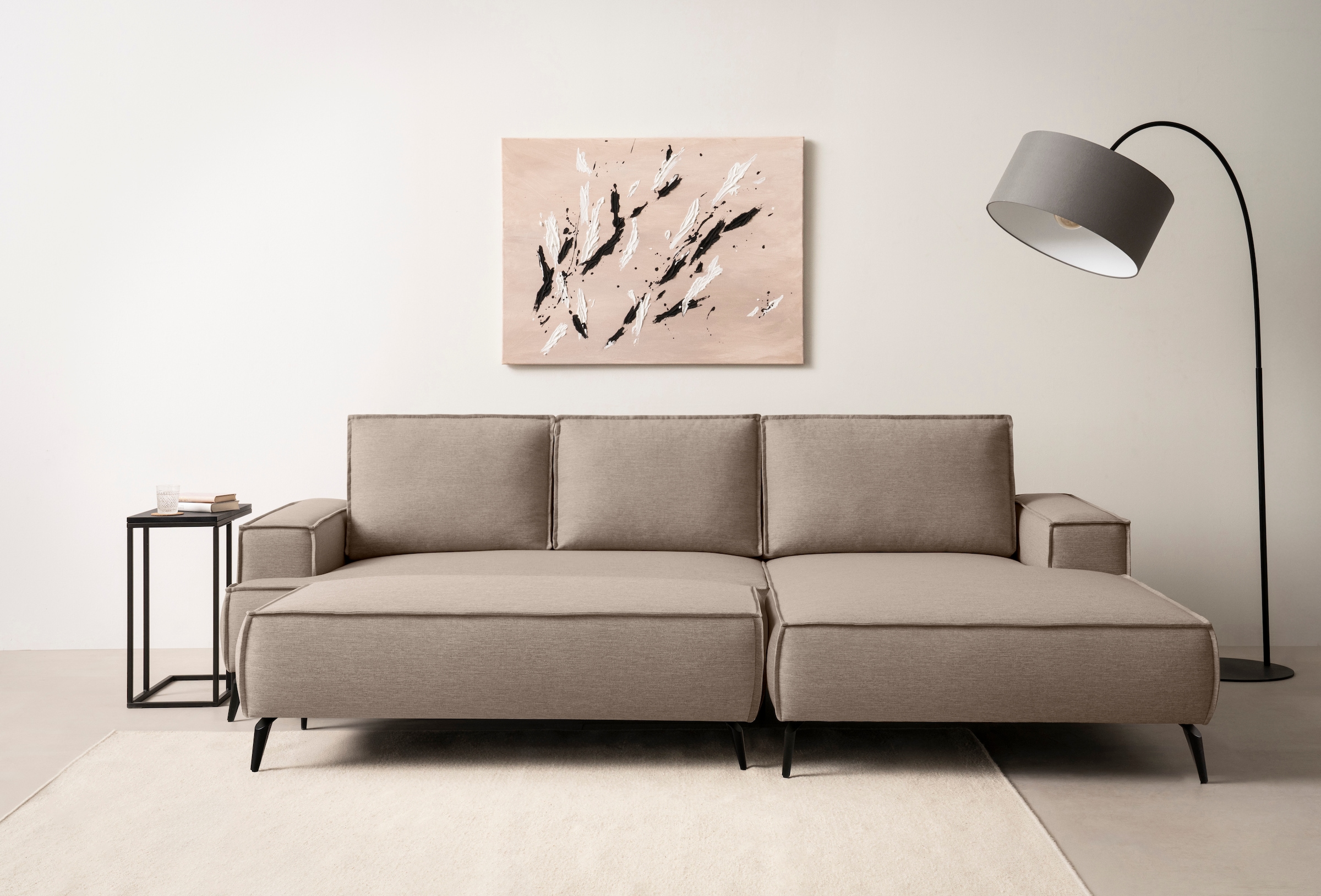 OTTO home Wohnlandschaft "TVINNU Leinenoptik, 354, mit Hocker" Recamiere rechts/links, stellbar zum Schlafsofa (Krokodilverbinder)