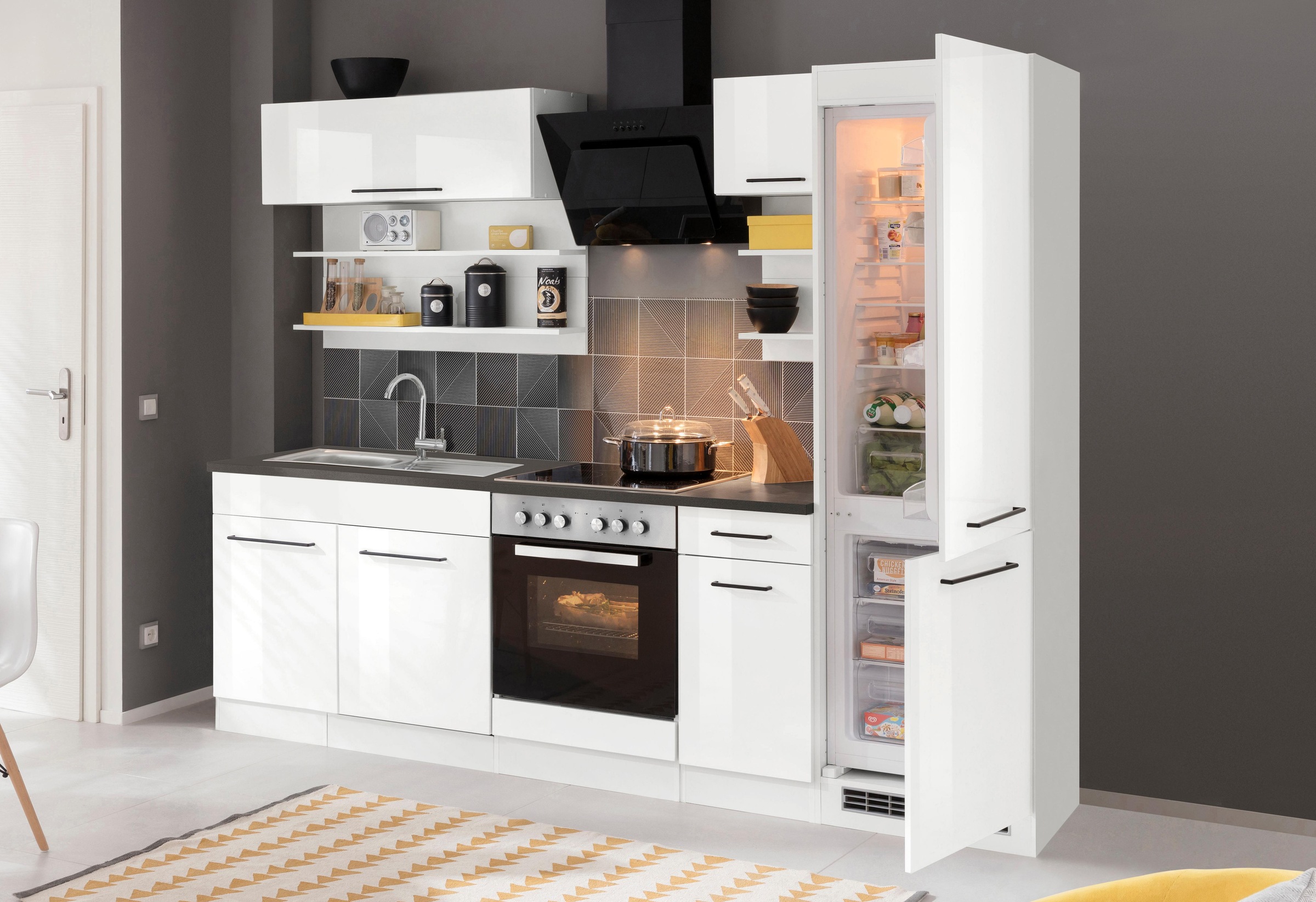 KOCHSTATION Küchenzeile »KS-Tulsa« mit E-Geräten, Breite 270 cm, schwarze Metallgriffe, MDF Fronten