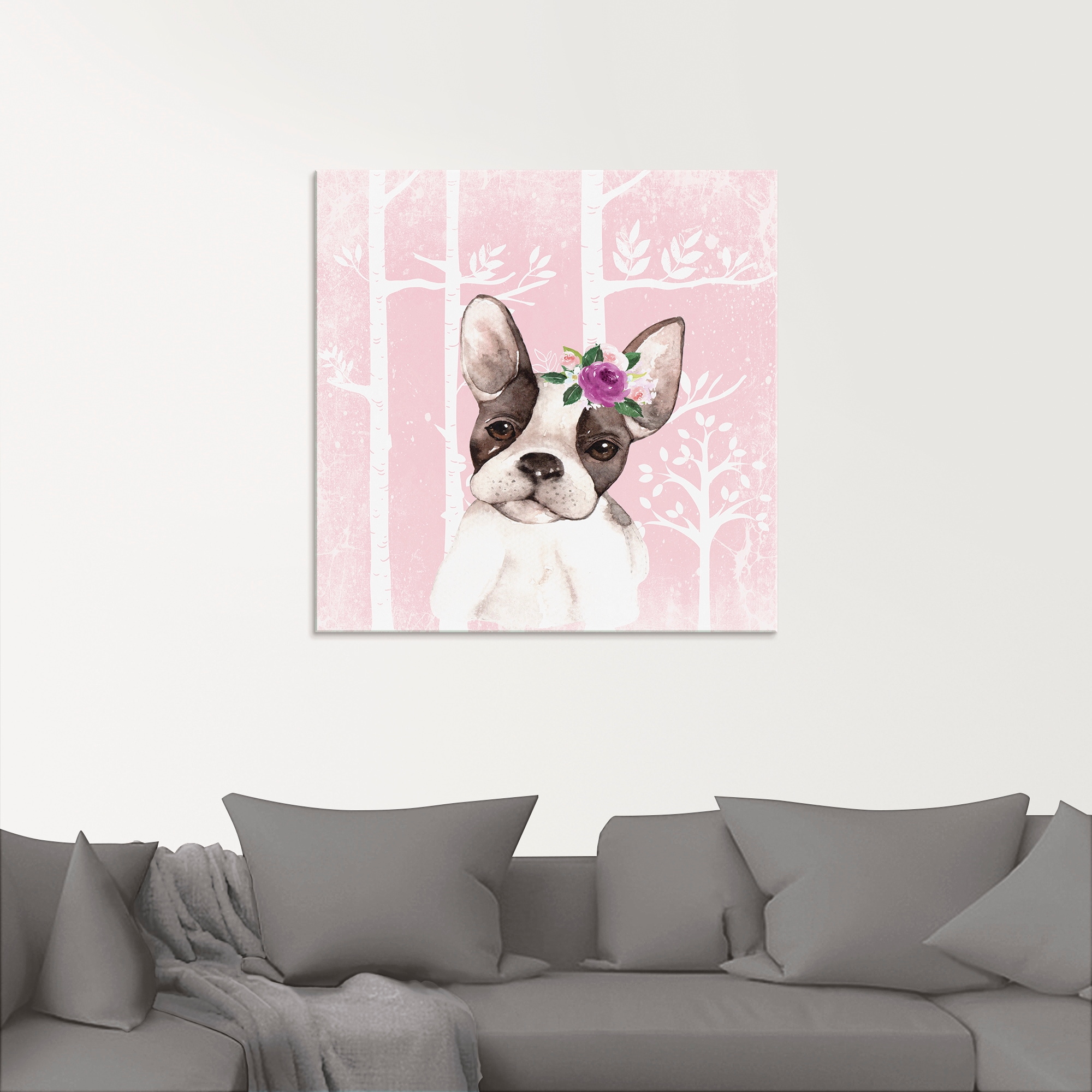 Artland Glasbild »Mops Hund mit Blumen im pink Wald«, Tiere, (1 St.), in verschiedenen Größen
