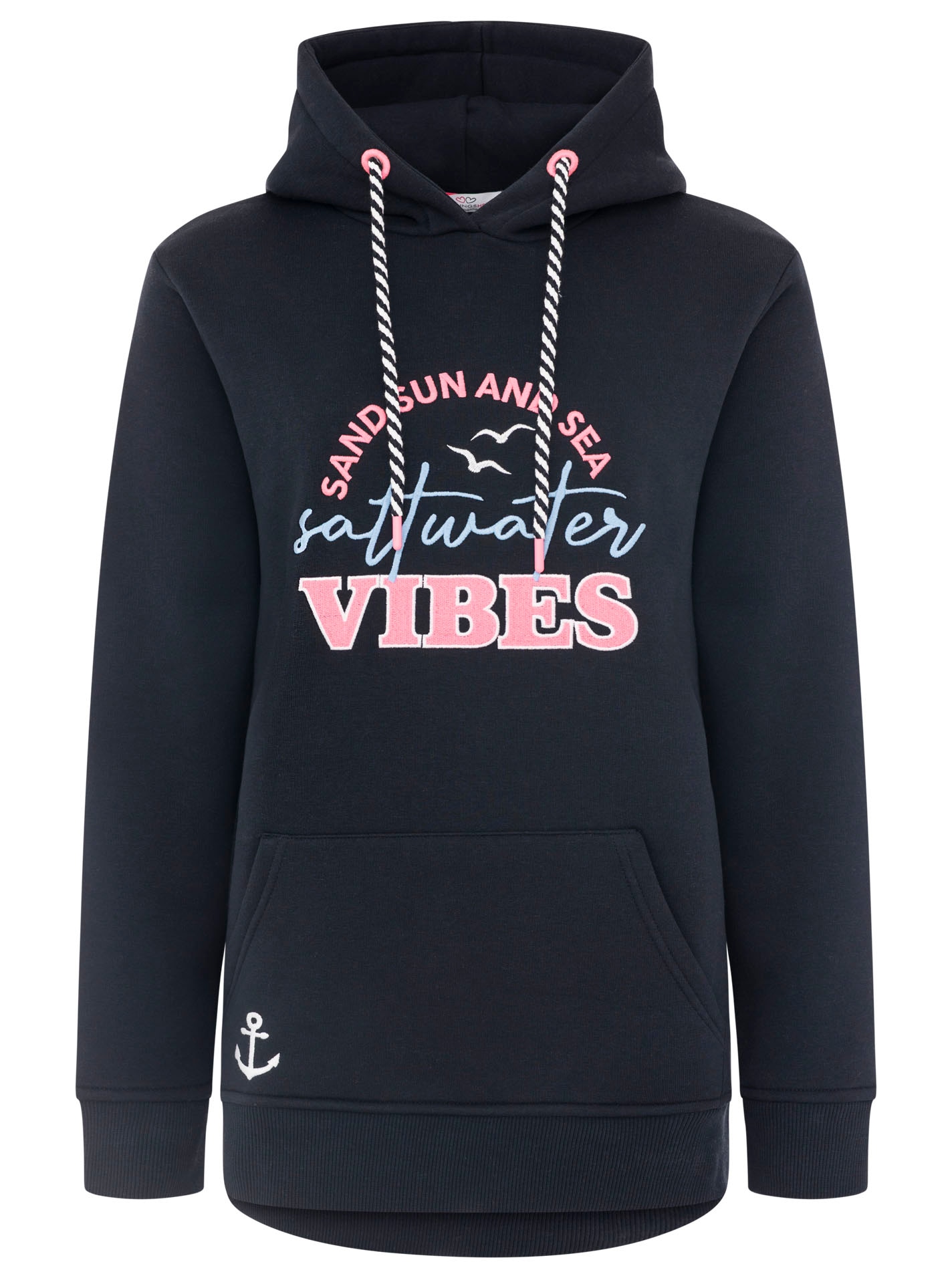 Zwillingsherz Hoodie »"Saltwater Vibes"«, maritime Front-Stickerei, Kapuze mit gestreifter Kordel, Kängurutasche

