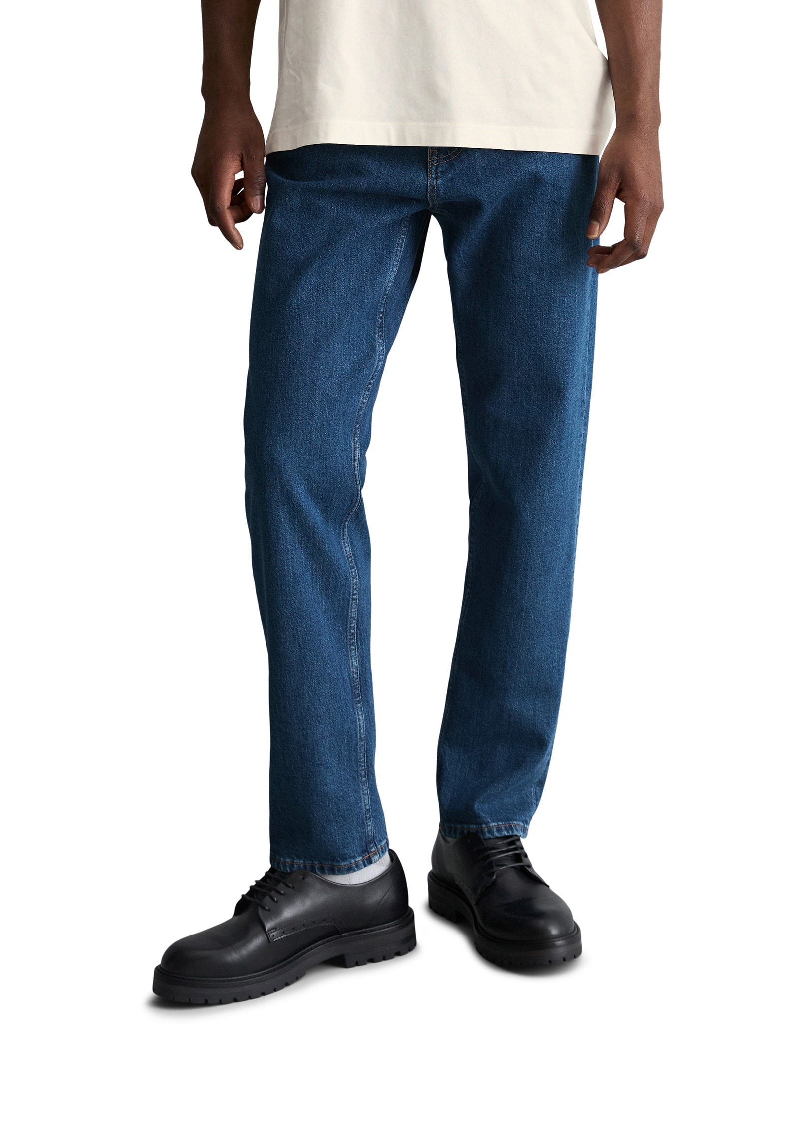Tapered-fit-Jeans MARC O'POLO DENIM "aus Bio-Baumwoll-Mix", Damen, Gr. 30, Länge 32, dunkelblau, Obermaterial: 99% Baumwolle, 1% Elasthan, unifarben, normal, Jeans