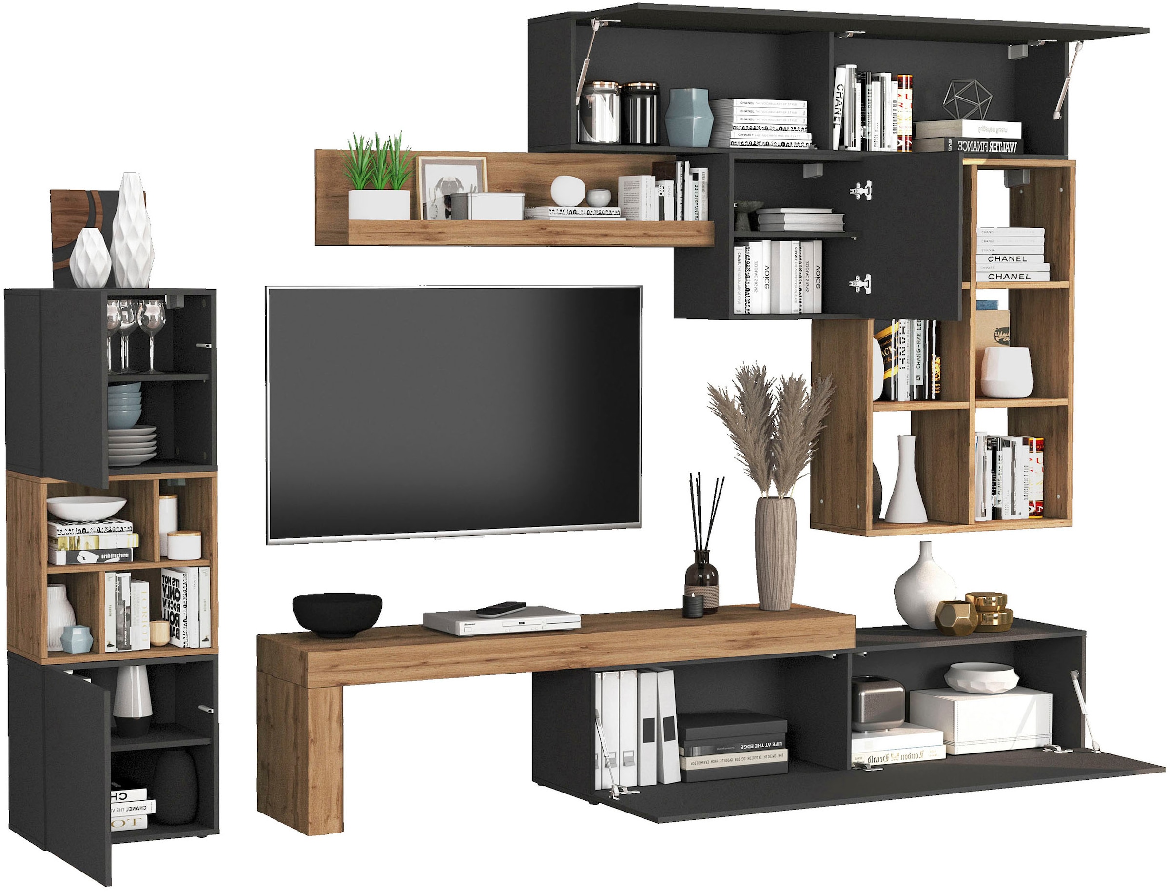 INOSIGN Wohnwand »Chronos Wohnwand, Medienwand, 8-er set«, (Set, 8 St.), ca. 320 cm mit Hängeschränke, Würfel, Regal, Lowboard, Made in Italy