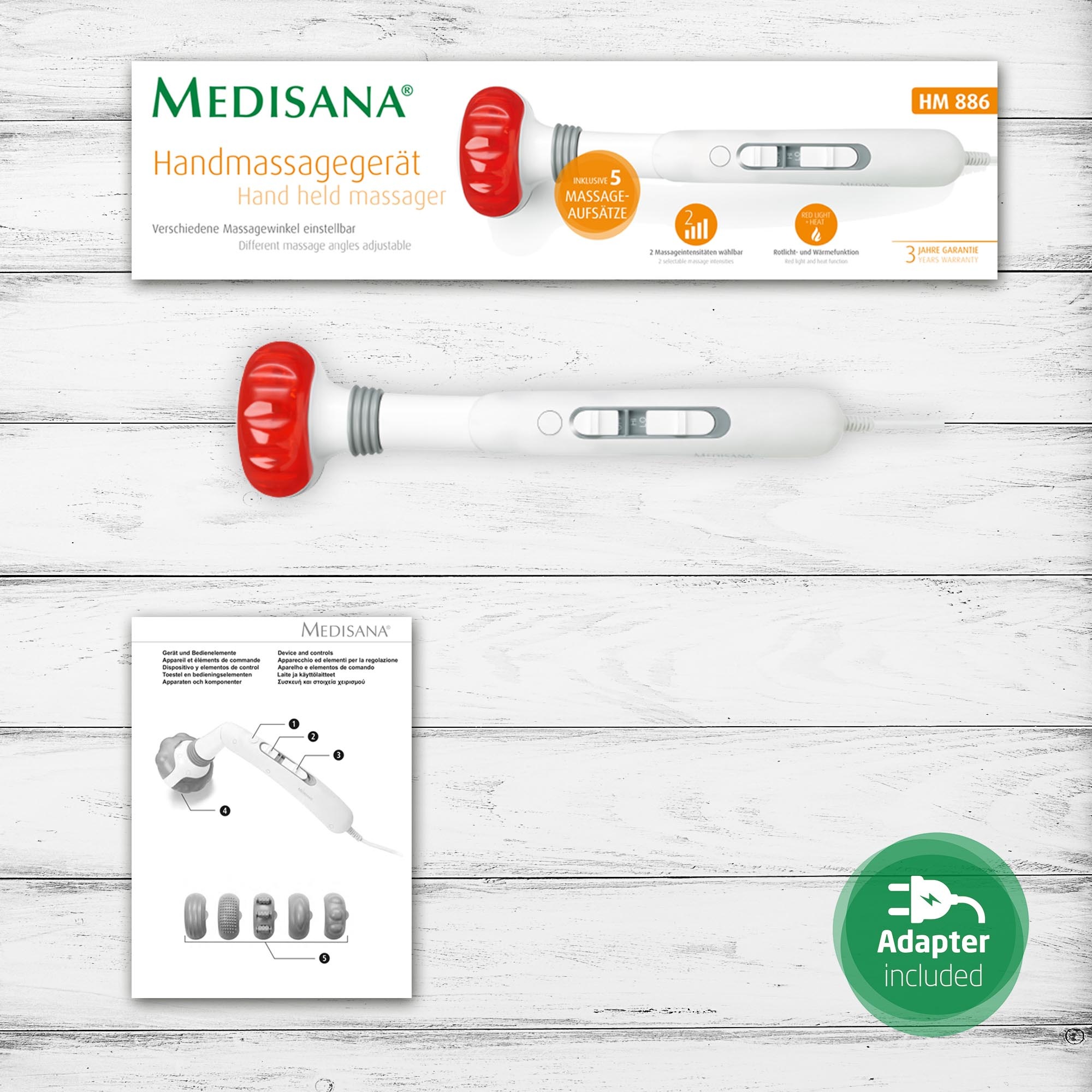 Medisana Massagegerät »HM 886«, (Set, 6 tlg.), Handmassagegerät mit Rotlicht- und Wärmefunktion