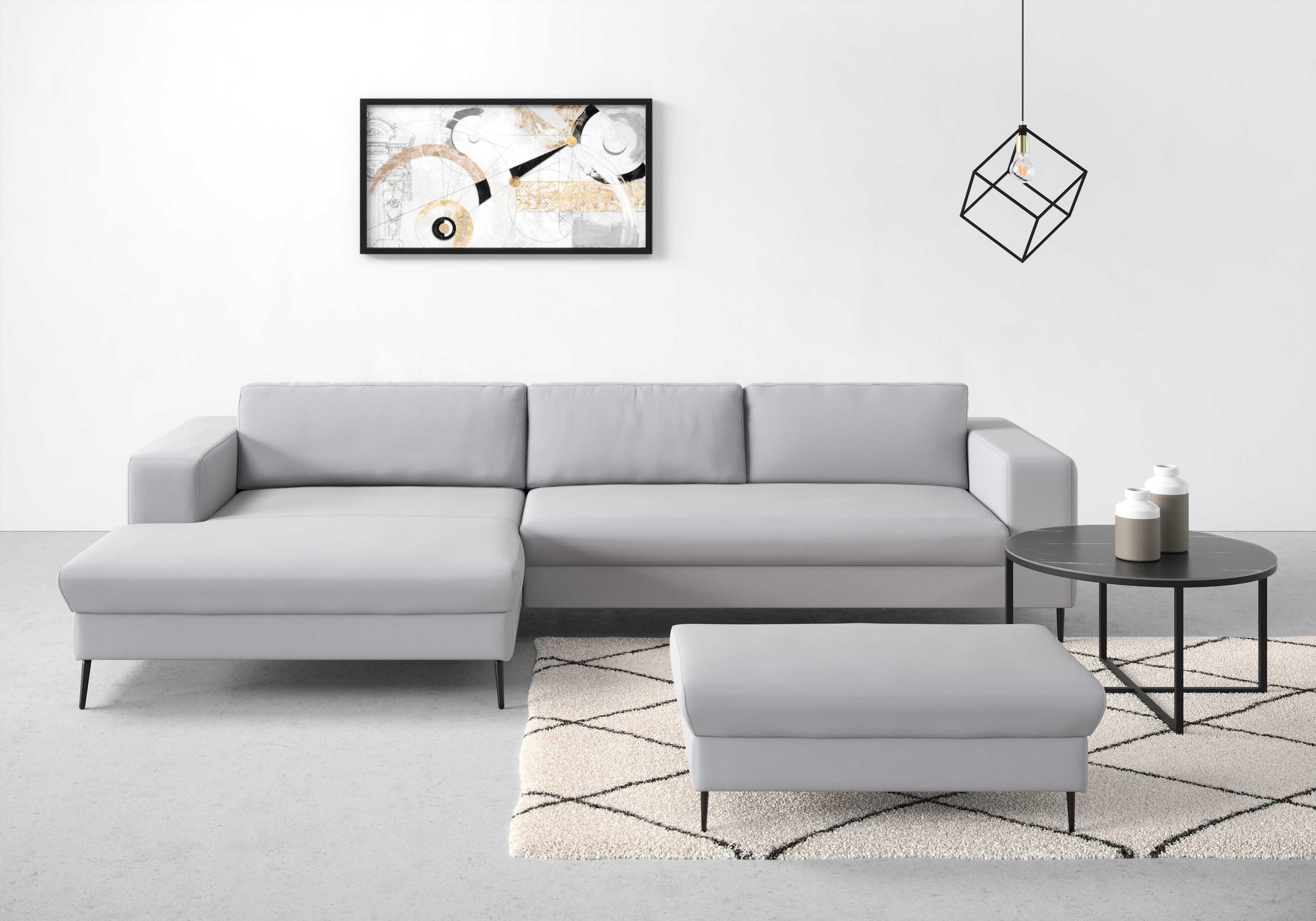 DOMO collection Ecksofa "Modica, zeitlos & elegant, Breite 329cm, hoher Fuß, bequem, L-Form" Auch in Cord, Fußhöhe passend für gängige Saugroboter