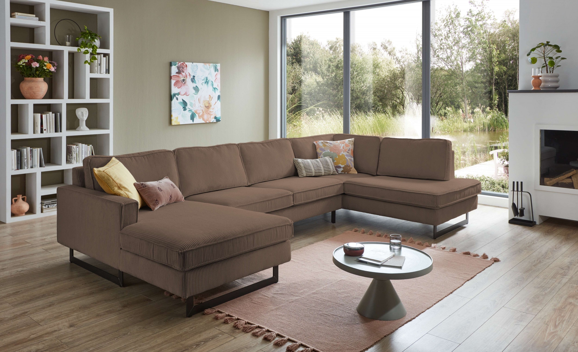 OTTO home Wohnlandschaft "Pinto, 350 cm, U-Form, XXL, mit Ottomanen" Cord, Chenille, Lederoptik, mit Keder, Metallfüße, Wellenunterfederung