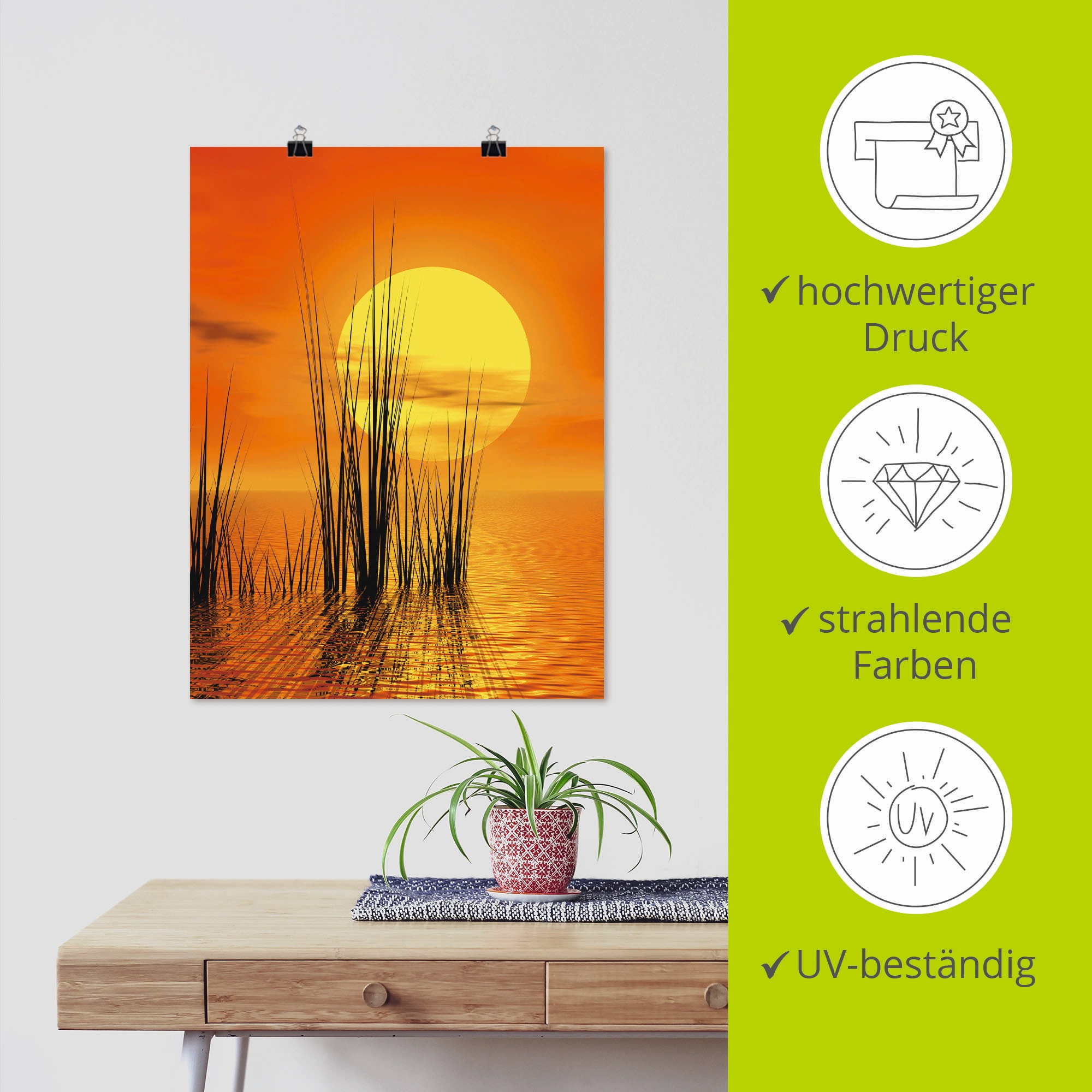 Artland Wandbild »Sonnenuntergang mit Schilf«, Sonnenaufgang & -untergang, (1 St.), als Leinwandbild, Poster, Wandaufkleber in verschied. Größen