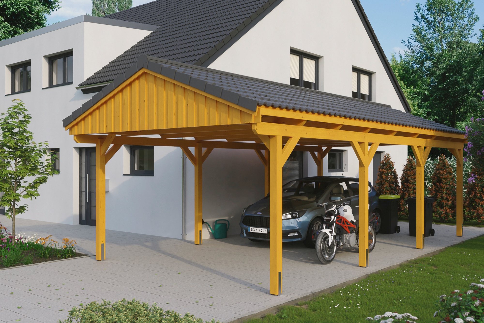 Skanholz Einzelcarport "Fichtelberg" Leimholz hellbraun mit Dachlattung