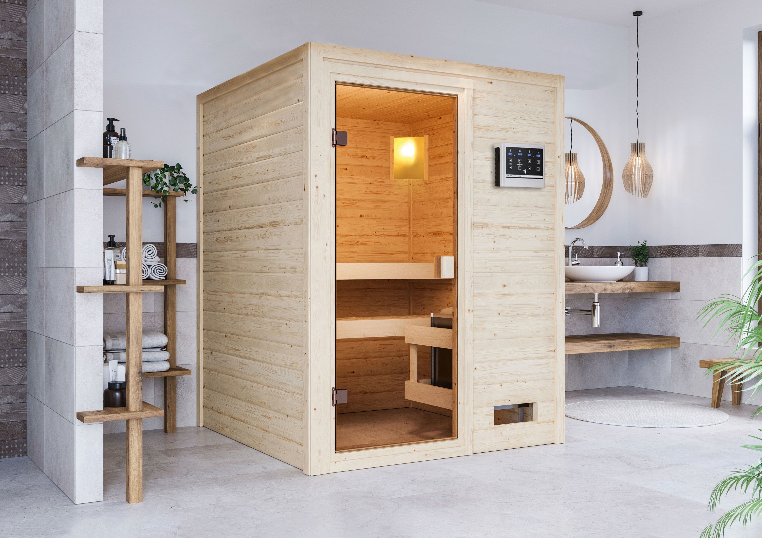 KARIBU Sauna ""Sandy" mit bronzierter Tür, naturbelassen", Bio-Kombiofen, externe Steuerung, 230 kW, beige, Saunen, aus hochwertiger nordischer Fichte