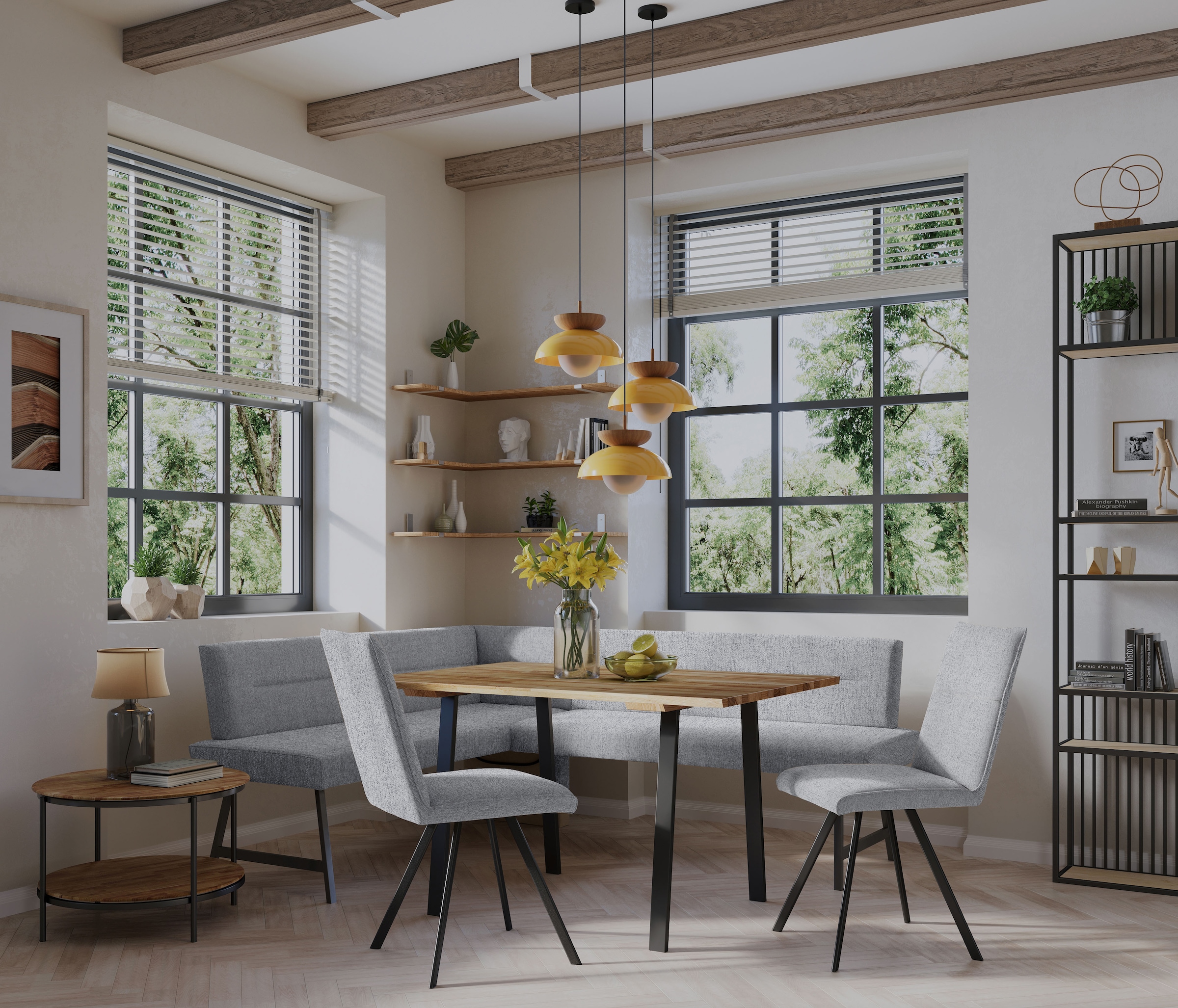 Home affaire Eckbankgruppe »Sava«, (Set, 4 tlg.), Eckbank mit Wellenfederung im Sitz, Tisch Massiv Eiche