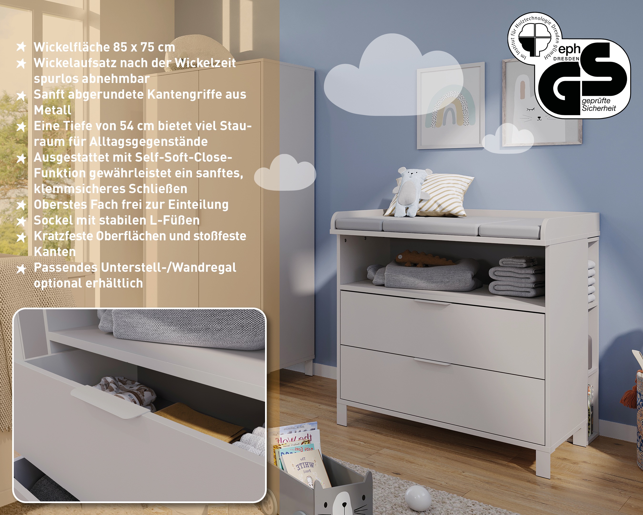 Thumbnail - GERMANIA Wickelkommode "GW-Alkmaar" bis 45 kg Wickelaufsatz wieder spurlos abnehmbar 89 cm