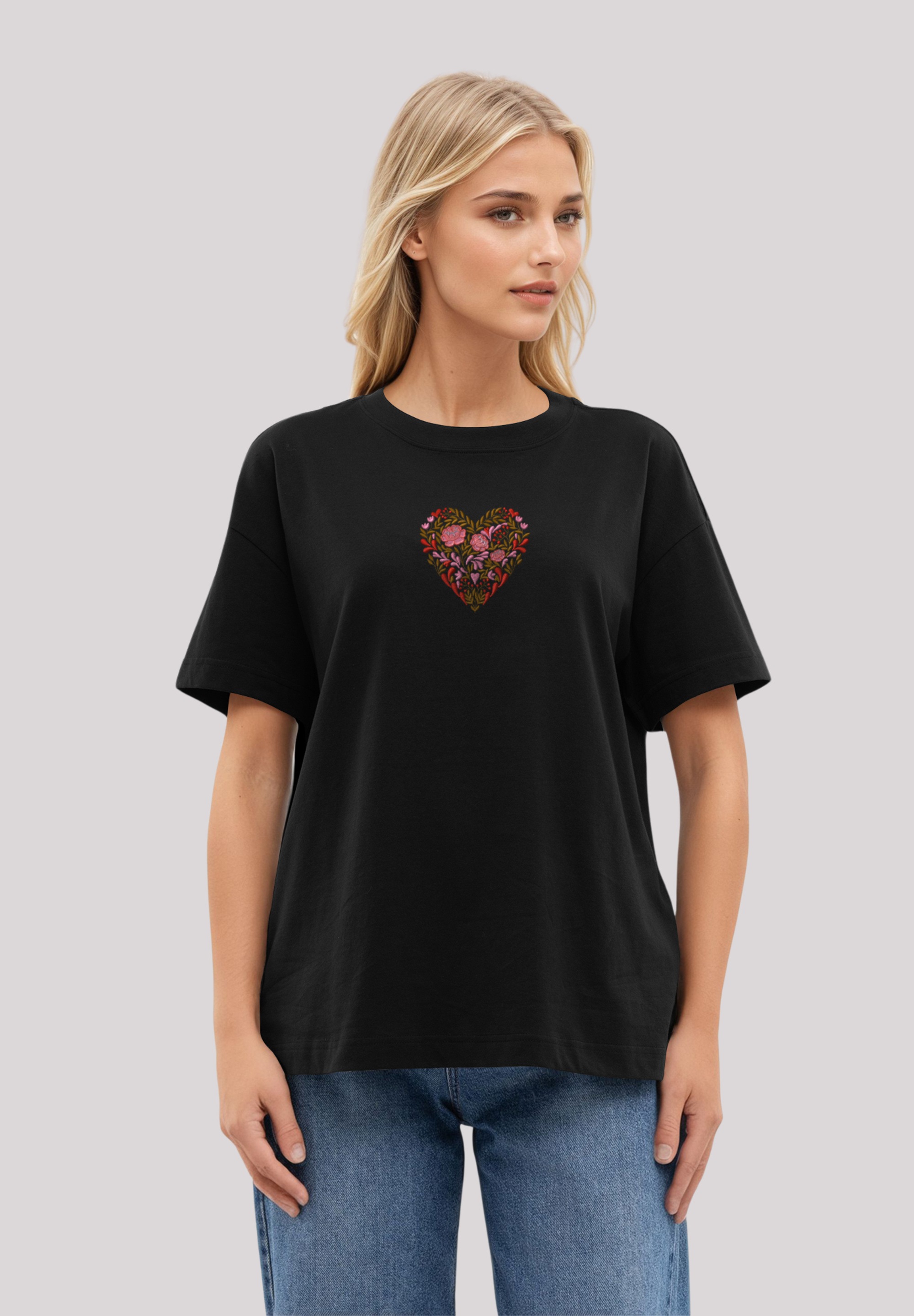 F4NT4STIC T-Shirt »Blumen Herz bestickt«, bestickt, Premium Qualität