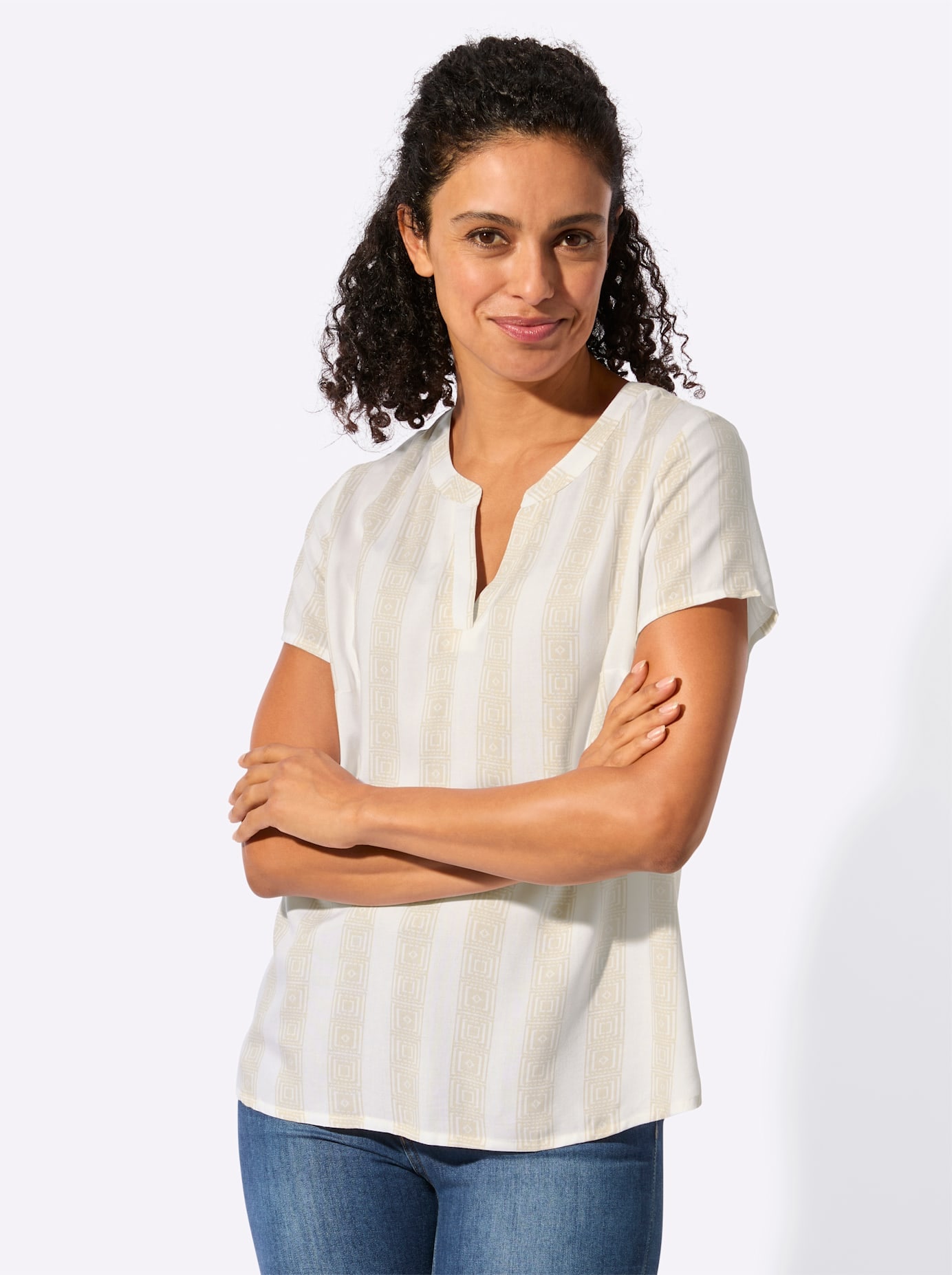Schlupfbluse INSPIRATIONEN, Damen, Gr. 46, sand, weiß, 100% Viskose, bedruckt, gemustert, mehrfarbig, Rundhals, Blusen Schlupfbluse