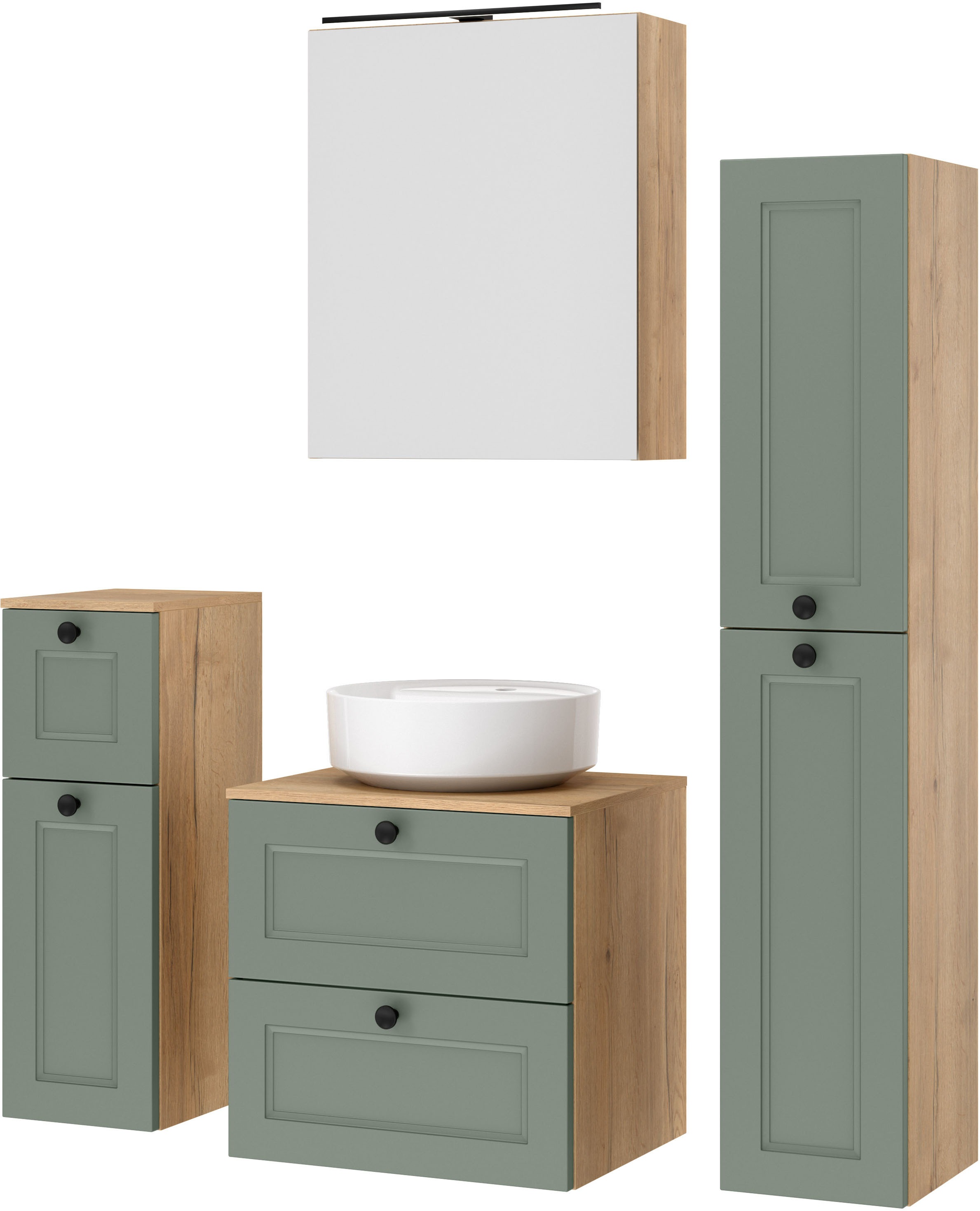 nobilia® Badmöbel-Set »Cascada« Set, inkl.  Aufsatzwaschbecken und Spiegelschrank mit Beleuchtung, 4 Stk. tlg.