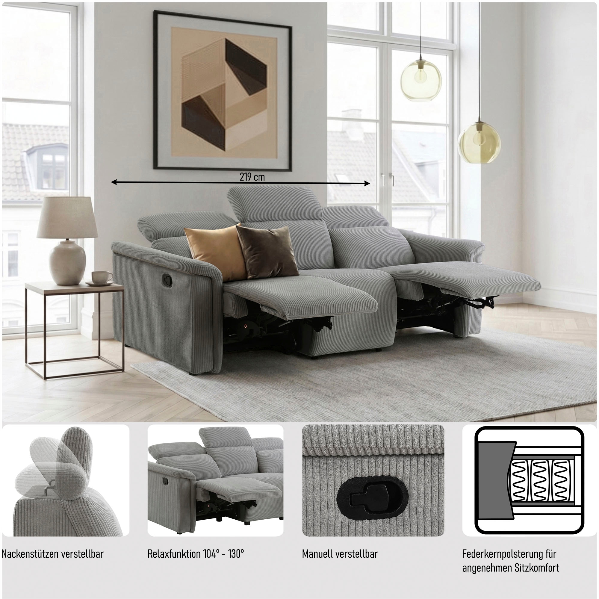 OTTO home 3-Sitzer »LUND NEW Struktur (219cm), man./elektr. Relaxfunktion in 2 Sitzen« USB-A/C bei elektrischer Variante und Kopfteilverstellung