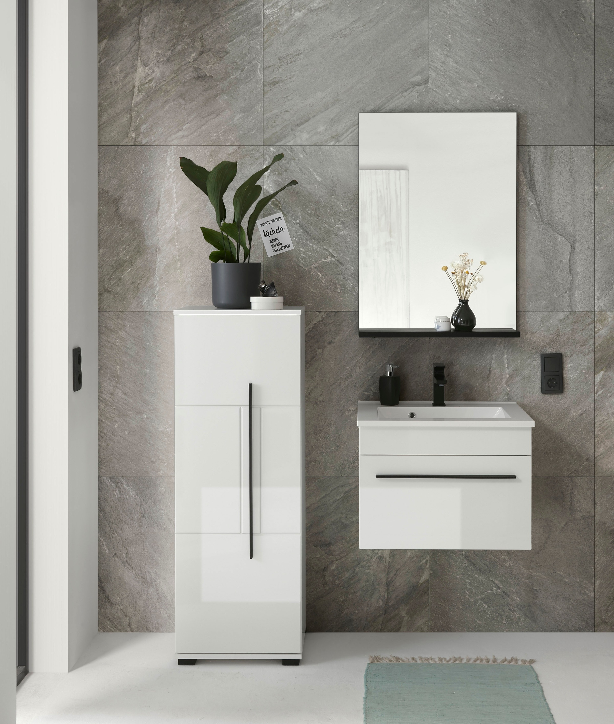 INOSIGN Midischrank »Cantara, Badschrank in Hochglanz Weiß, Schrank im modernen Design«, mit schwarzen Griffen, ausreichend Stauraum