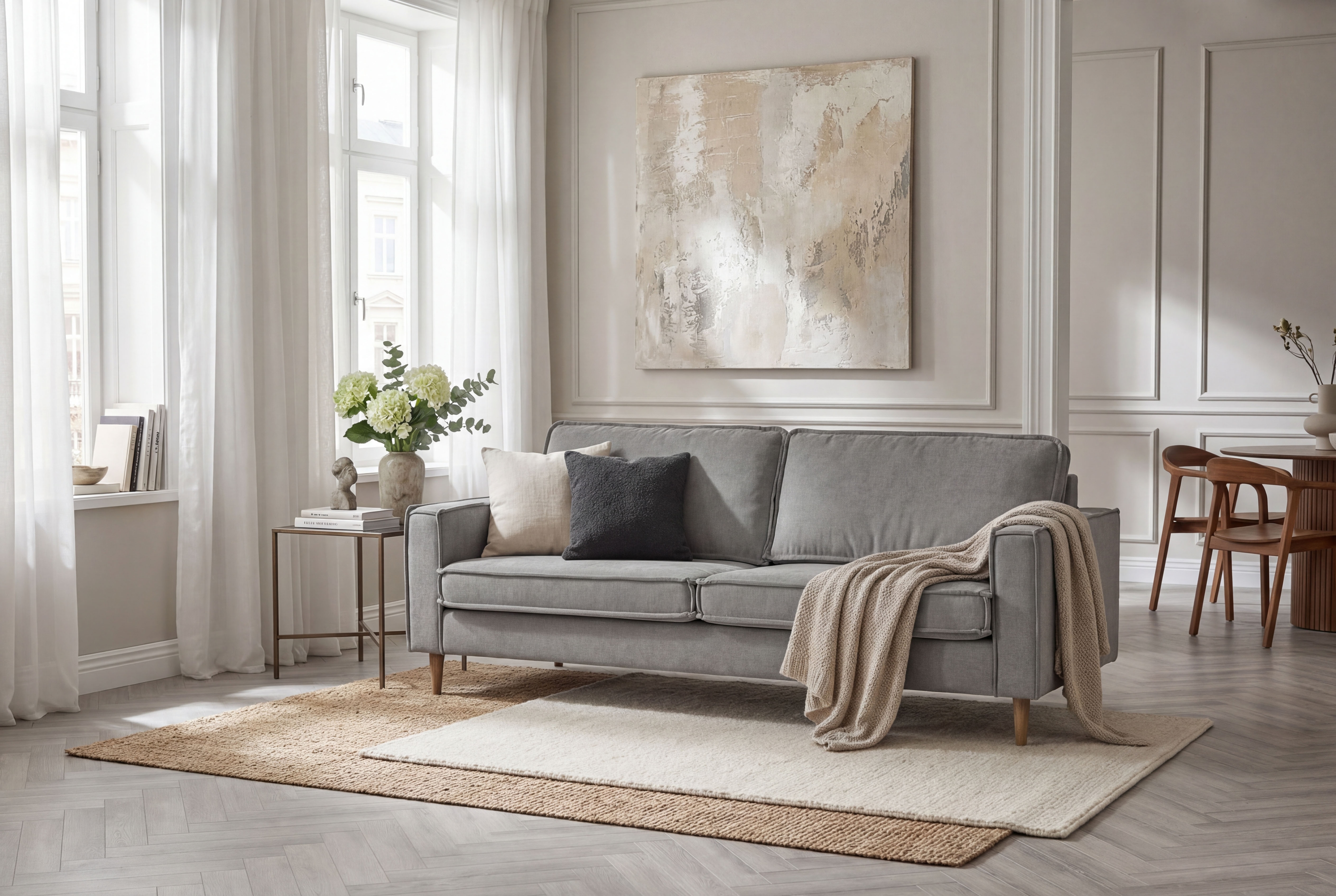 OTTO home 3-Sitzer "Pinto Skandi, 206 cm, Chenille, Struktur" mit Keder, Massivholzfüße Eiche geräuchert, Wellenunterfederung