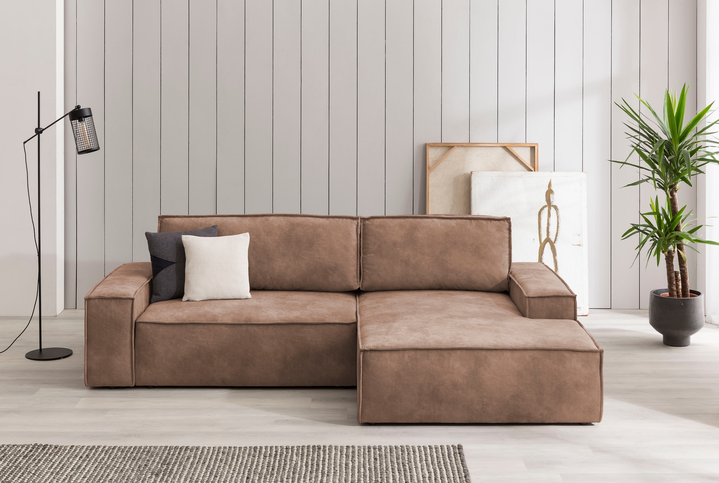 OTTO home Ecksofa "SHERWOOD Vintage Lederoptik L-Form, 267 cm" Schlaffunktion mit Bettkasten (210x136 cm), Cord, Vintage, Samtvelours