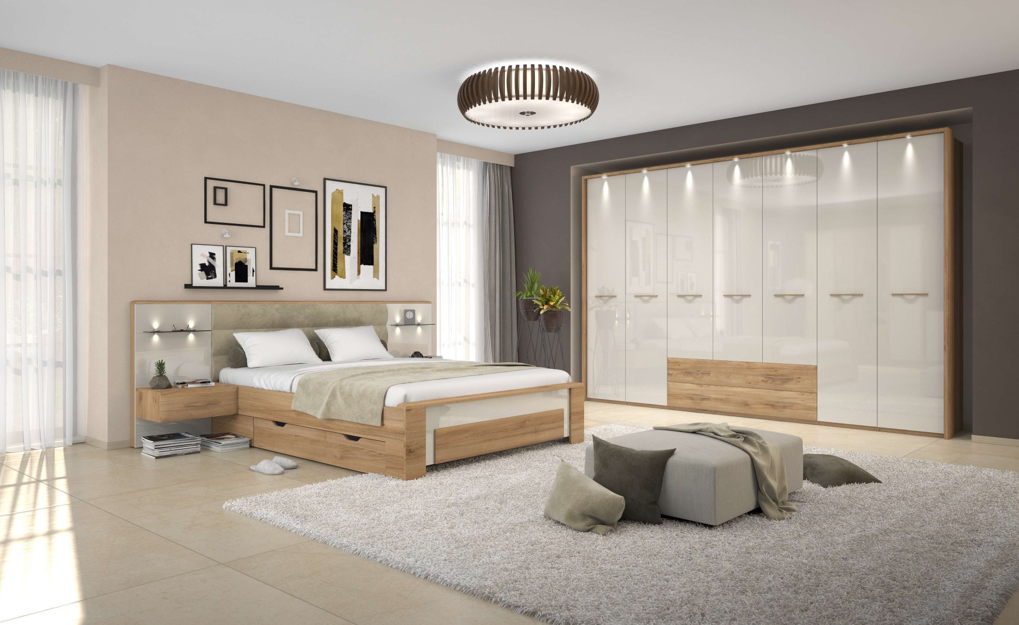 Home affaire Kleiderschrank »Gala, beige hochglänzend UV lackiert, kratzfest, FSC-zertifiziert«, (abgerundete Schubladen aus MDF im Holzdekor, soft-close), mit Beleuchtung und Passpartourahmen, hoher Schrank (224cm), 4 Breiten