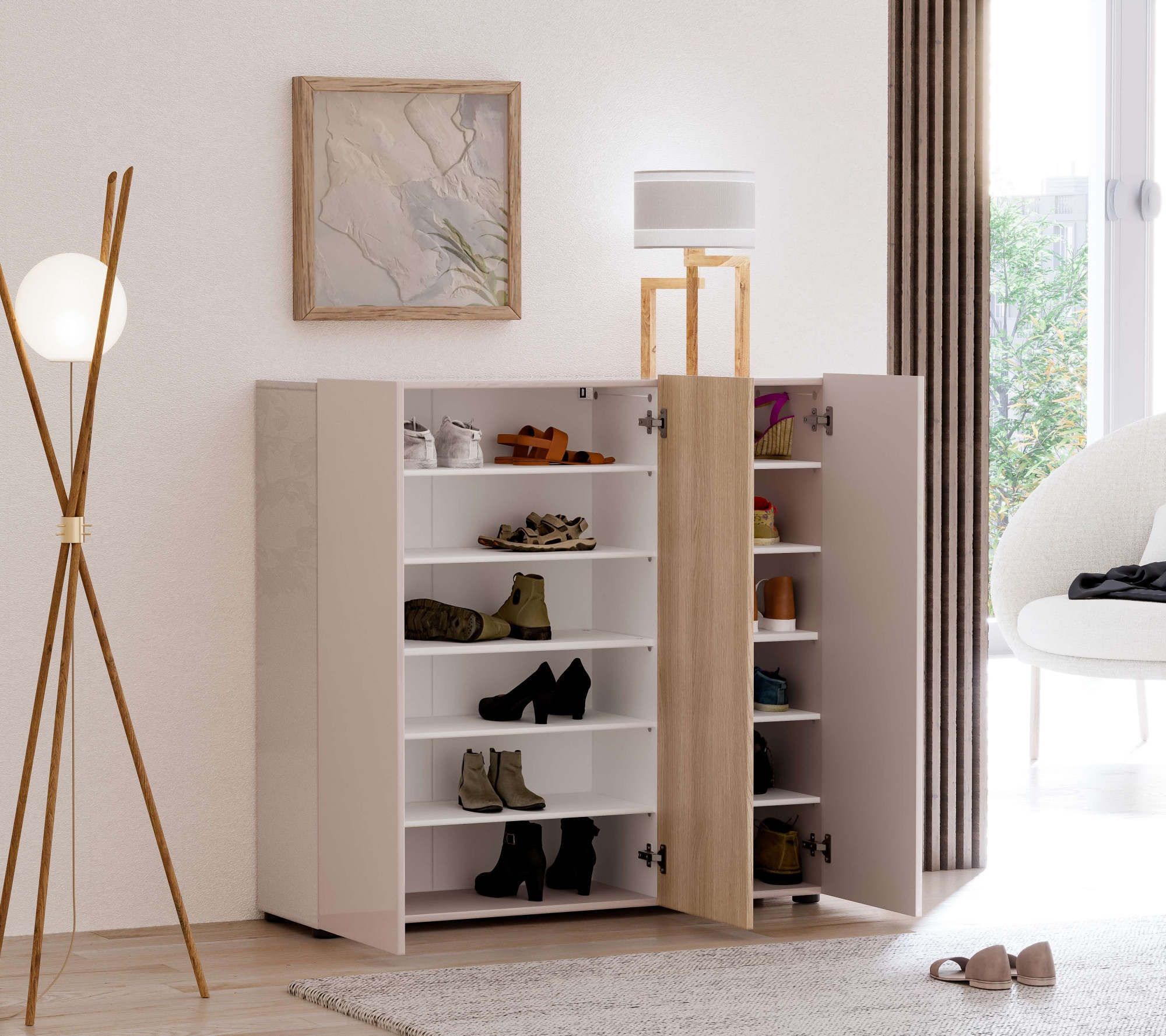 INOSIGN Schuhschrank »LADY, Schuhkommode,Schuhmöbel,Schuhablage,Schuhregal« Korpus und weiße Türen hochglänzend lackiert.,  10 Einlegeböden,12 Fächer,ca. 24 Paar Schuhe-Maße: B/T/H:120x34x115 cm