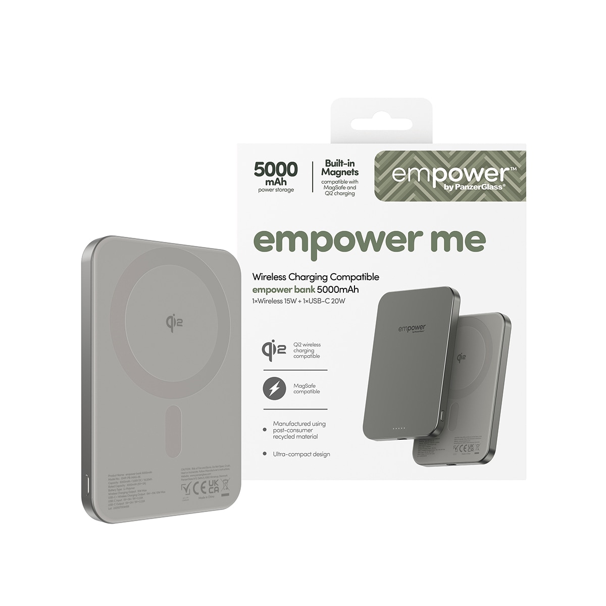 Powerbank "empower Bank 5000 mAh", 3,85 V 5.000mAh, grau, EMPOWER BY PANZERGLASS, Akkumulatoren