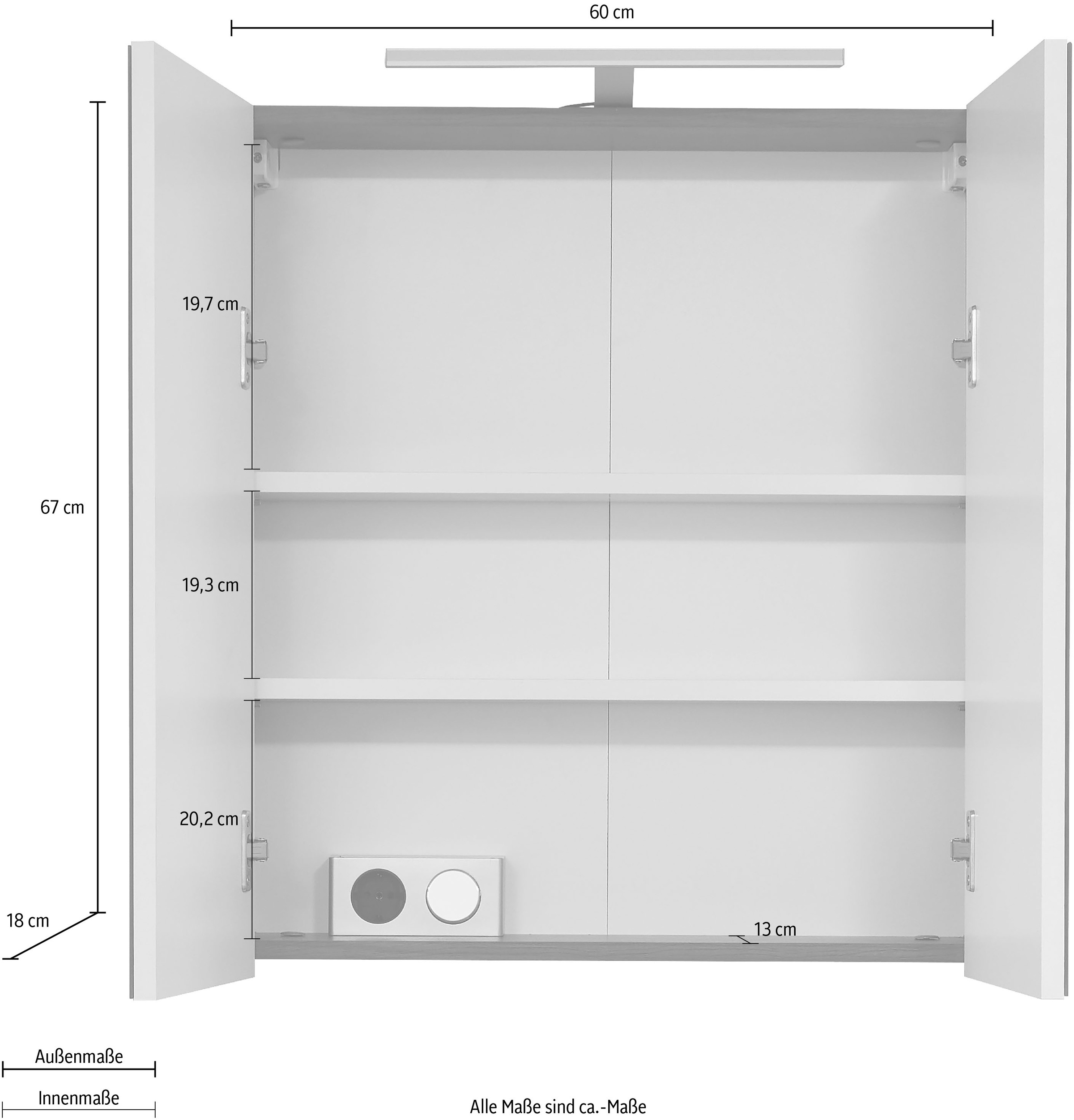 welltime Spiegelschrank »Sovana«, Badschrank wahlweise mit oder ohne Beleuchtung - (B/T/H) 60/18/67 cm