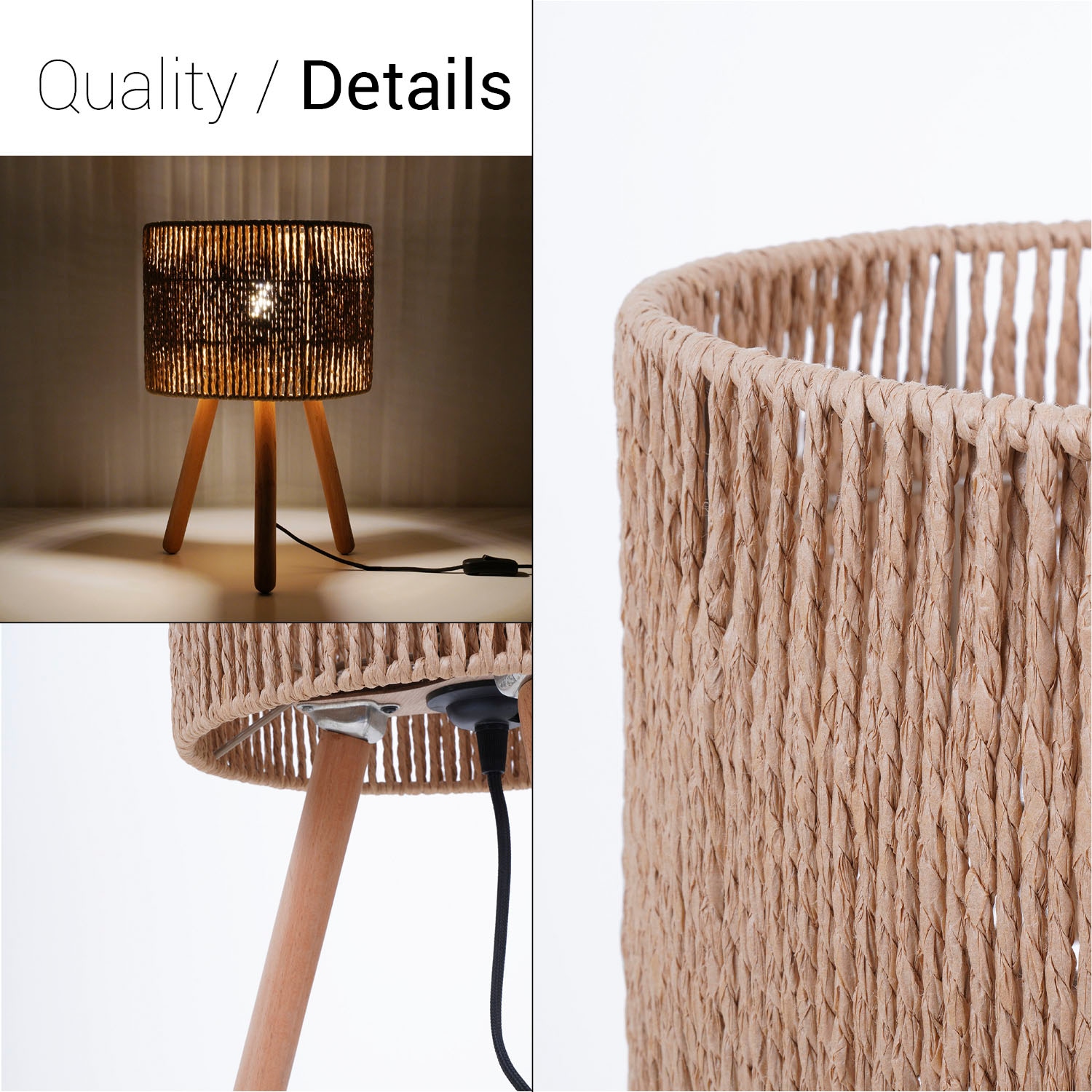 Paco Home Tischleuchte »PITA« E27 Nacht Schreib Lampenschirm Boho Holz Stativ E27